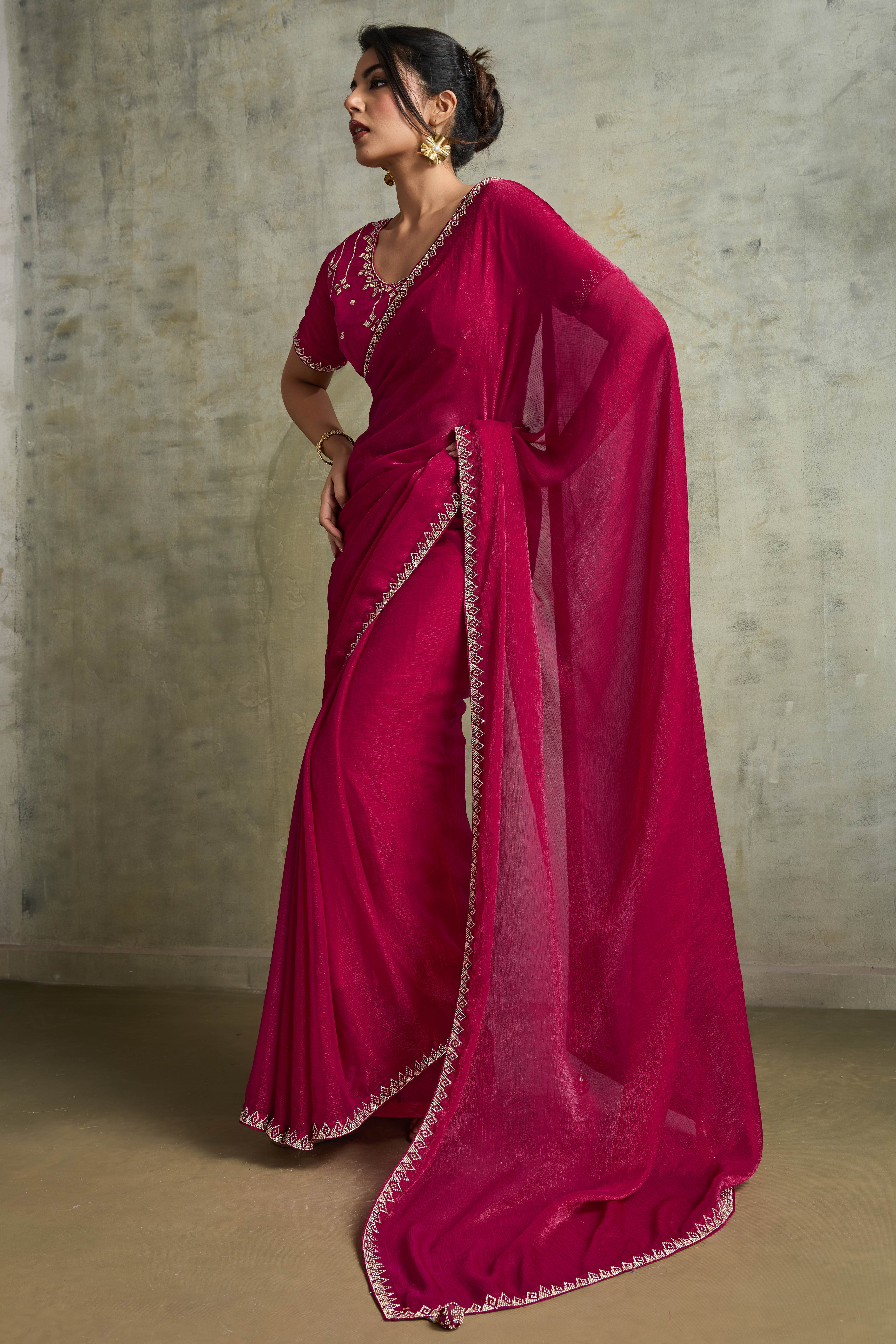 Pink Solid Chiffon Saree With Sparkling Zarkan Border & Latkan Pallu
