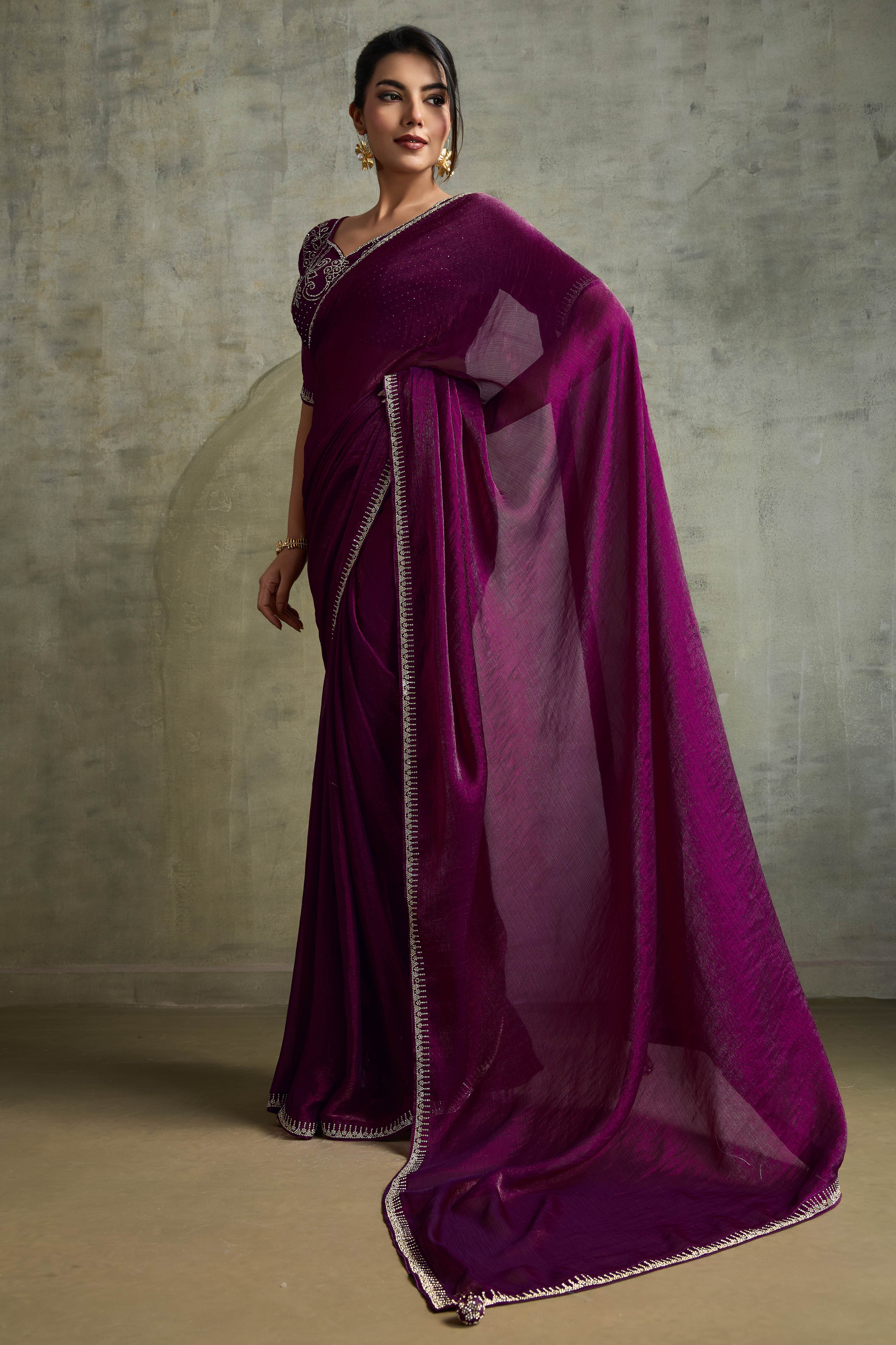 Wine Solid Chiffon Saree With Sparkling Zarkan Border & Latkan Pallu