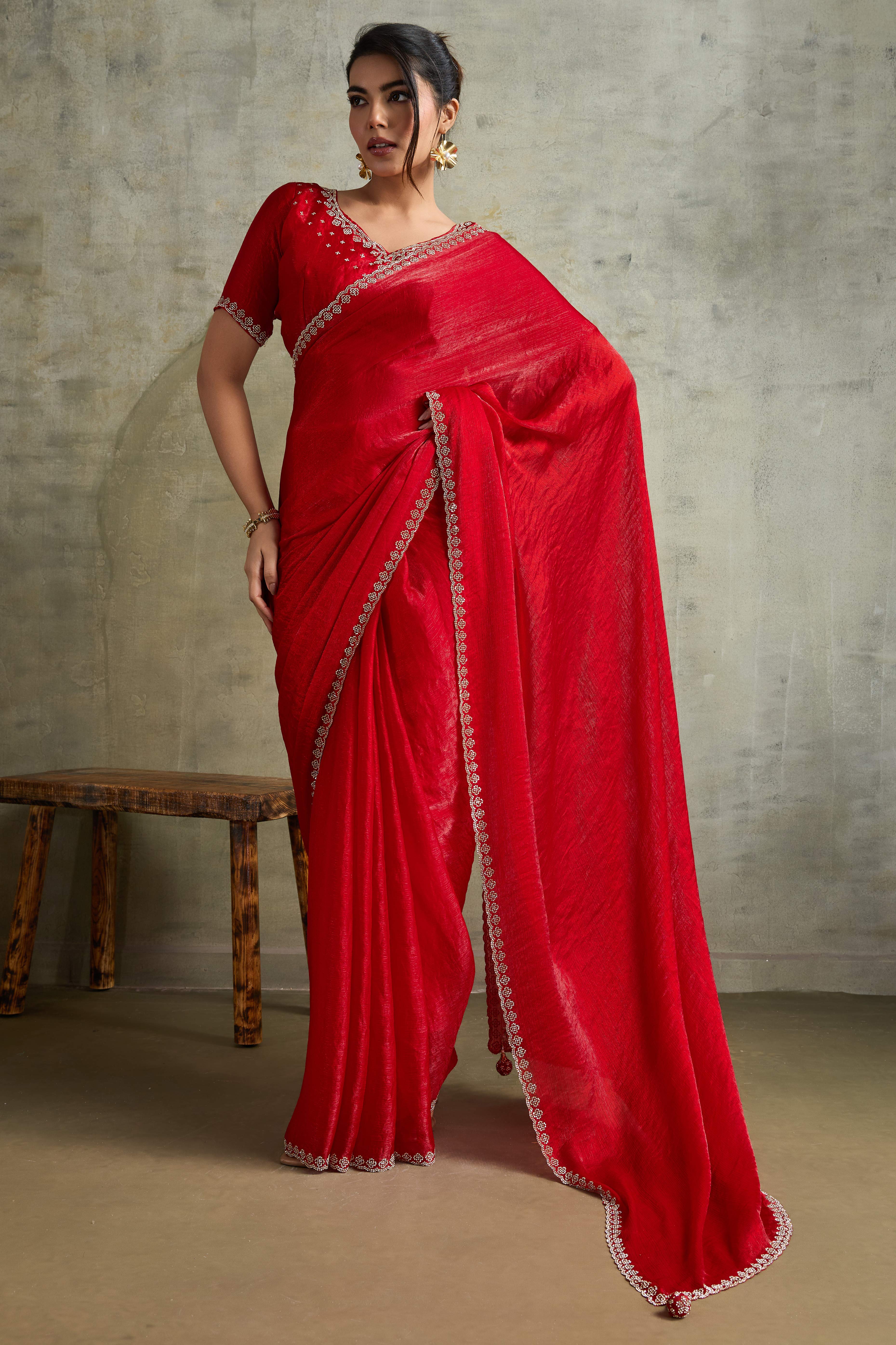 Red Solid Chiffon Saree With Sparkling Zarkan Border & Latkan Pallu