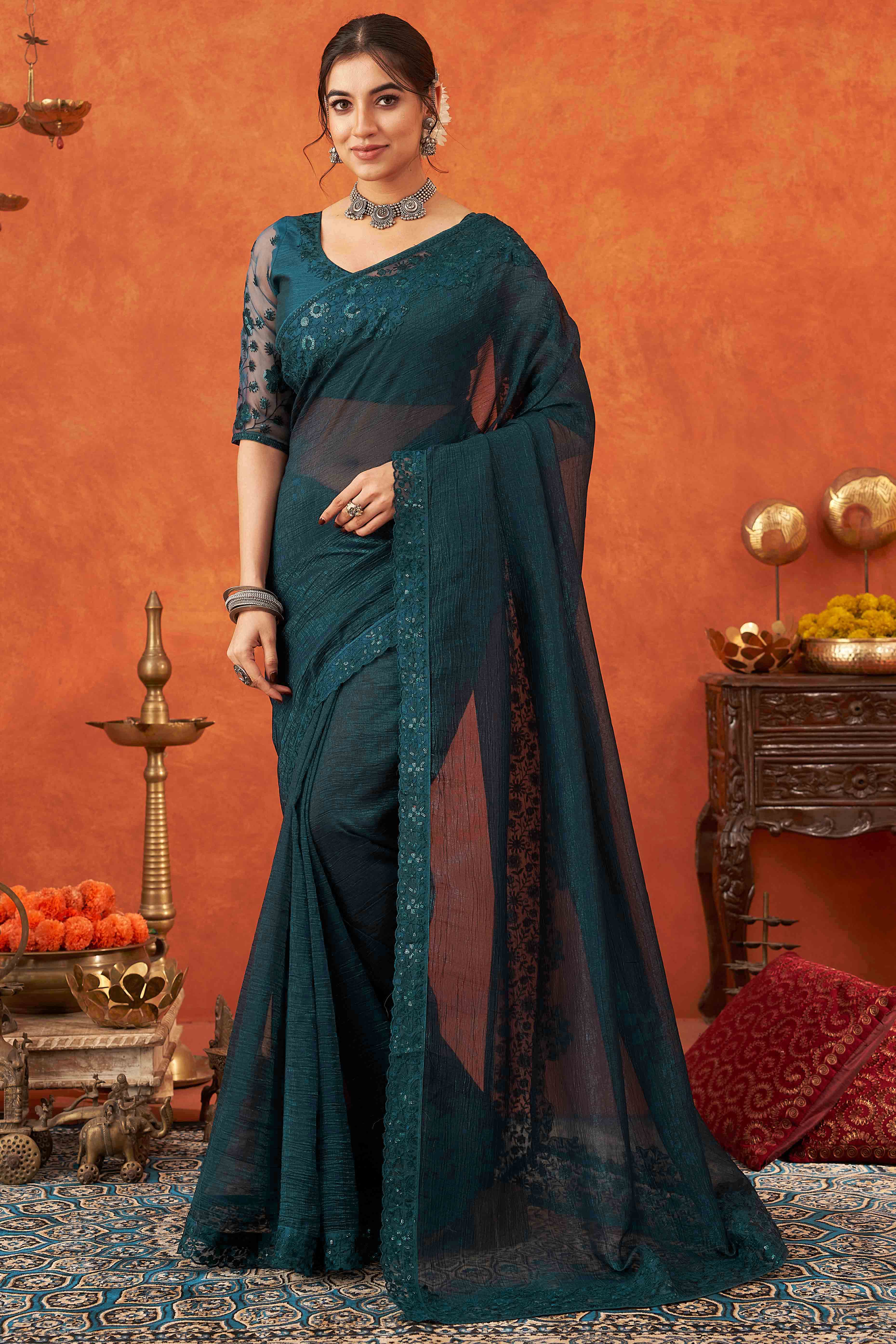 Teal Embroidered Crunchy Soft Net Saree With Embellished Border