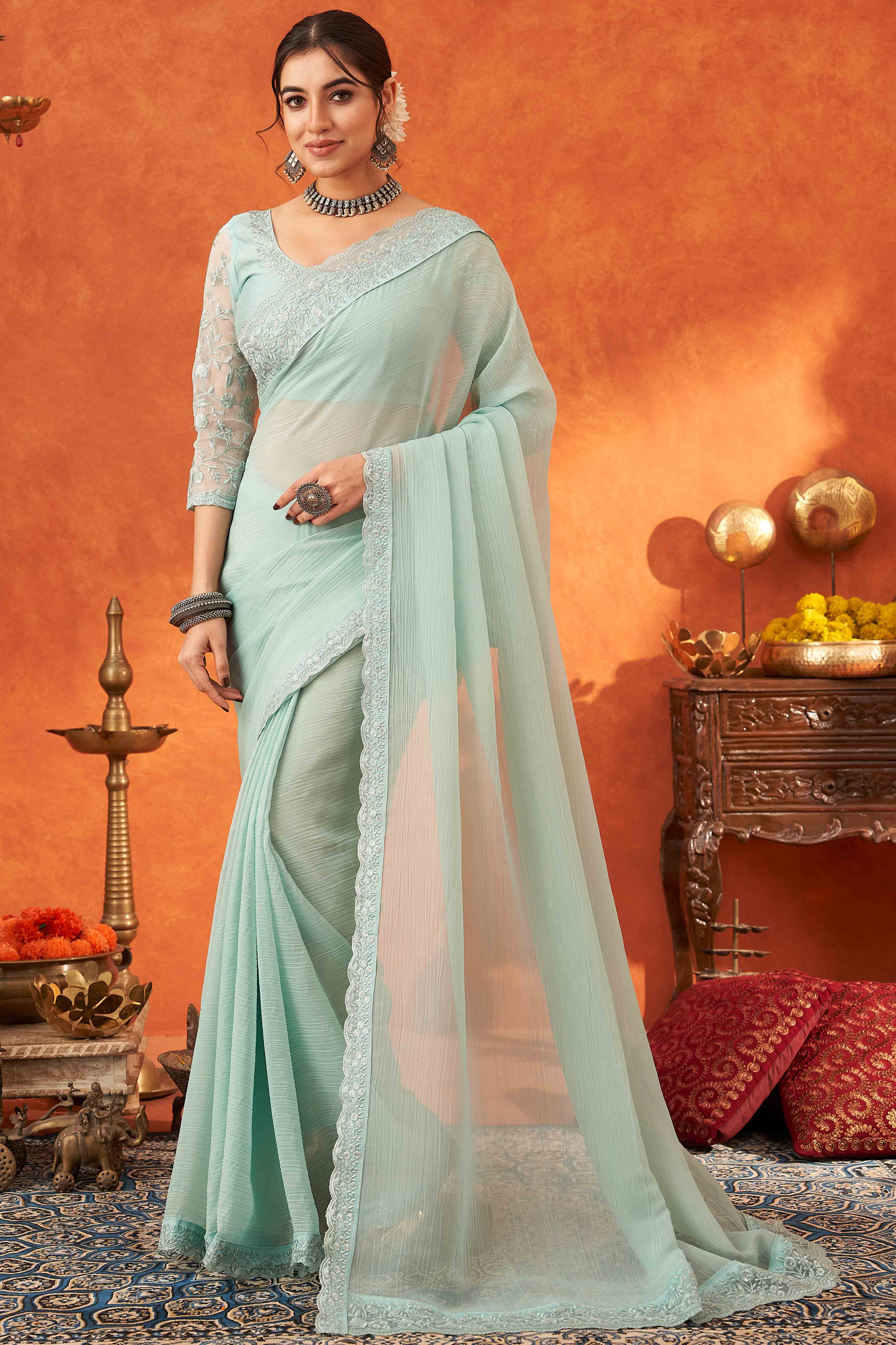 Mint Green Embroidered Crunchy Soft Net Saree With Embellished Border