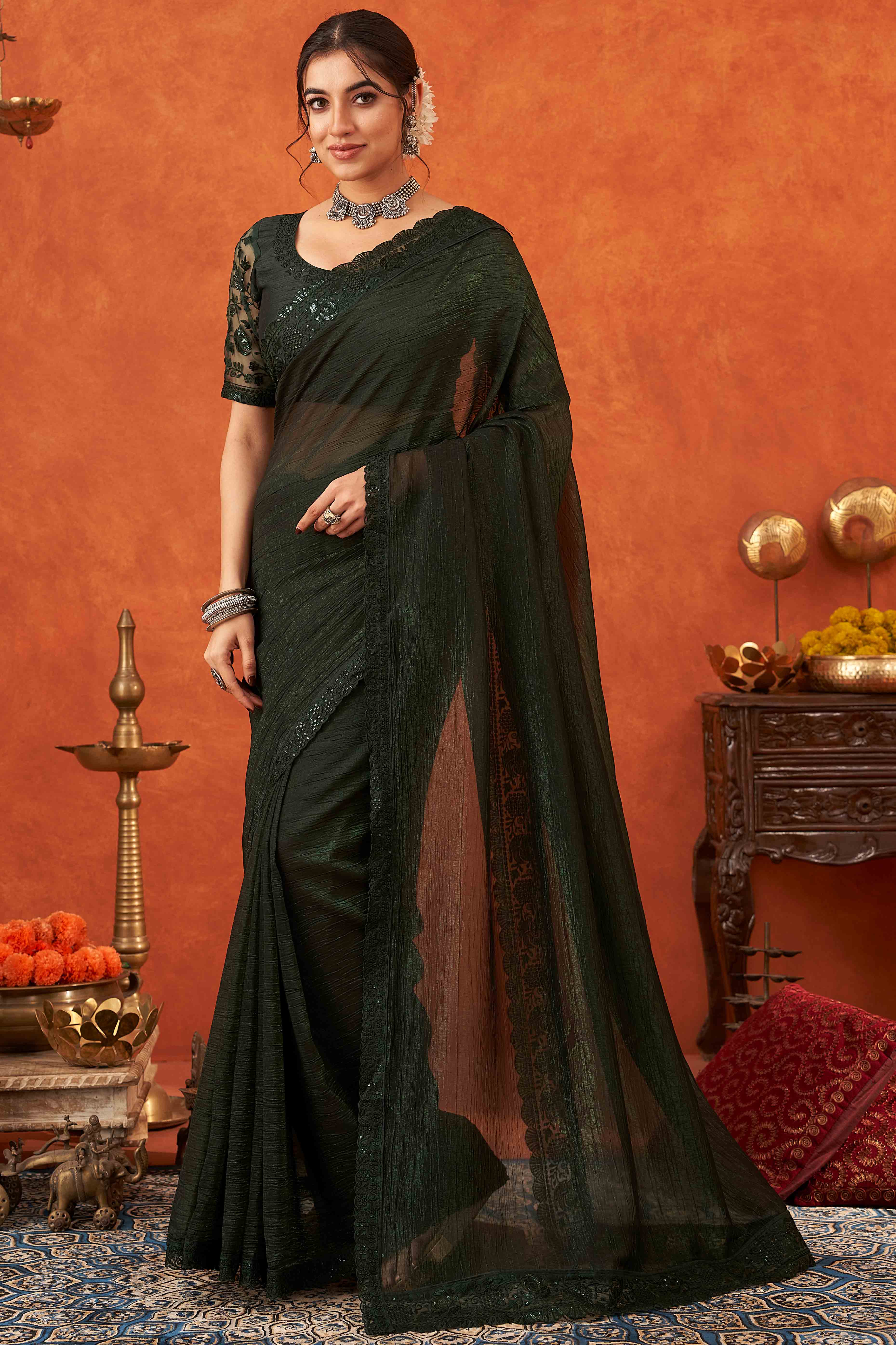 Green Embroidered Crunchy Soft Net Saree With Embellished Border