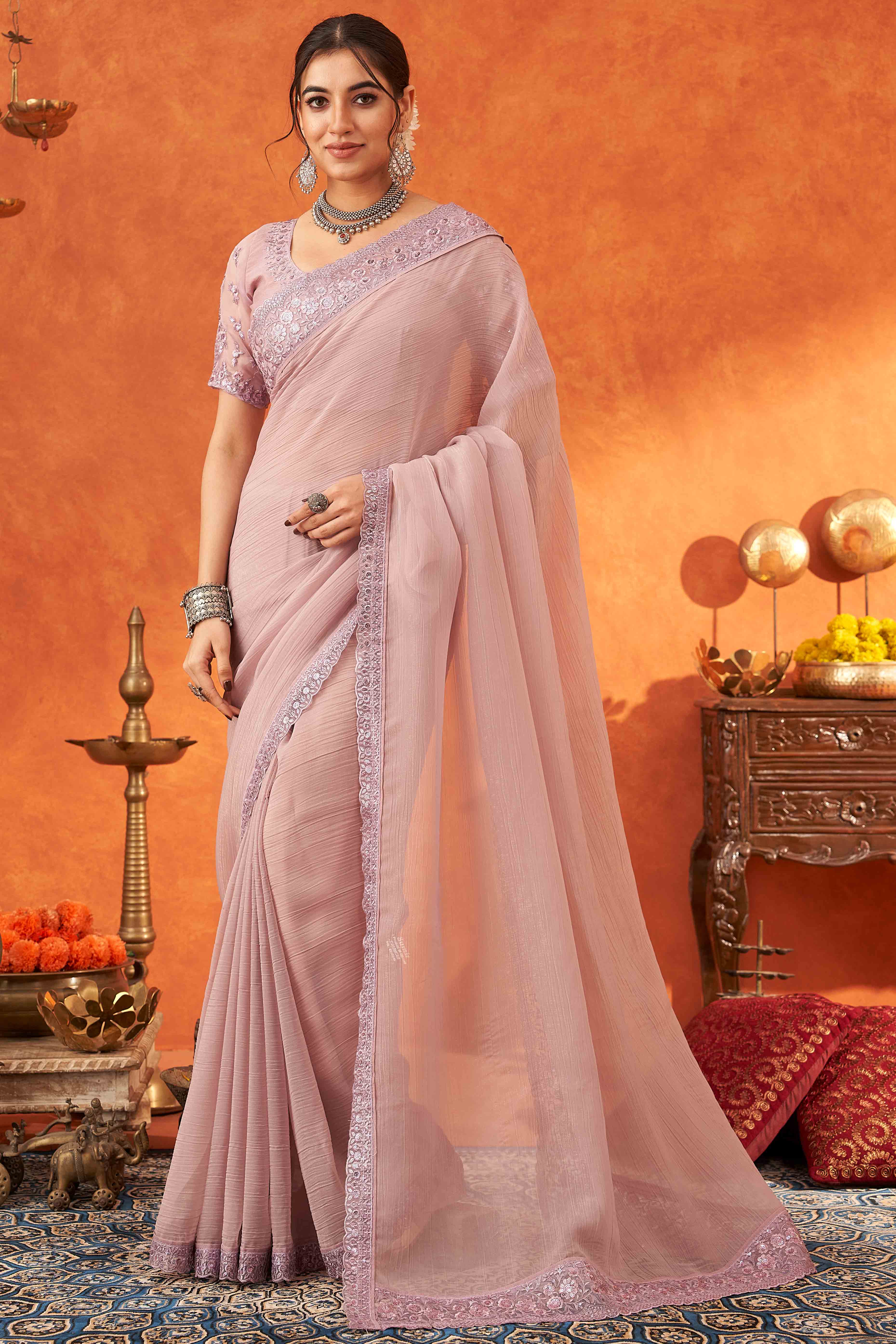 Lavender Embroidered Crunchy Soft Net Saree With Embellished Border