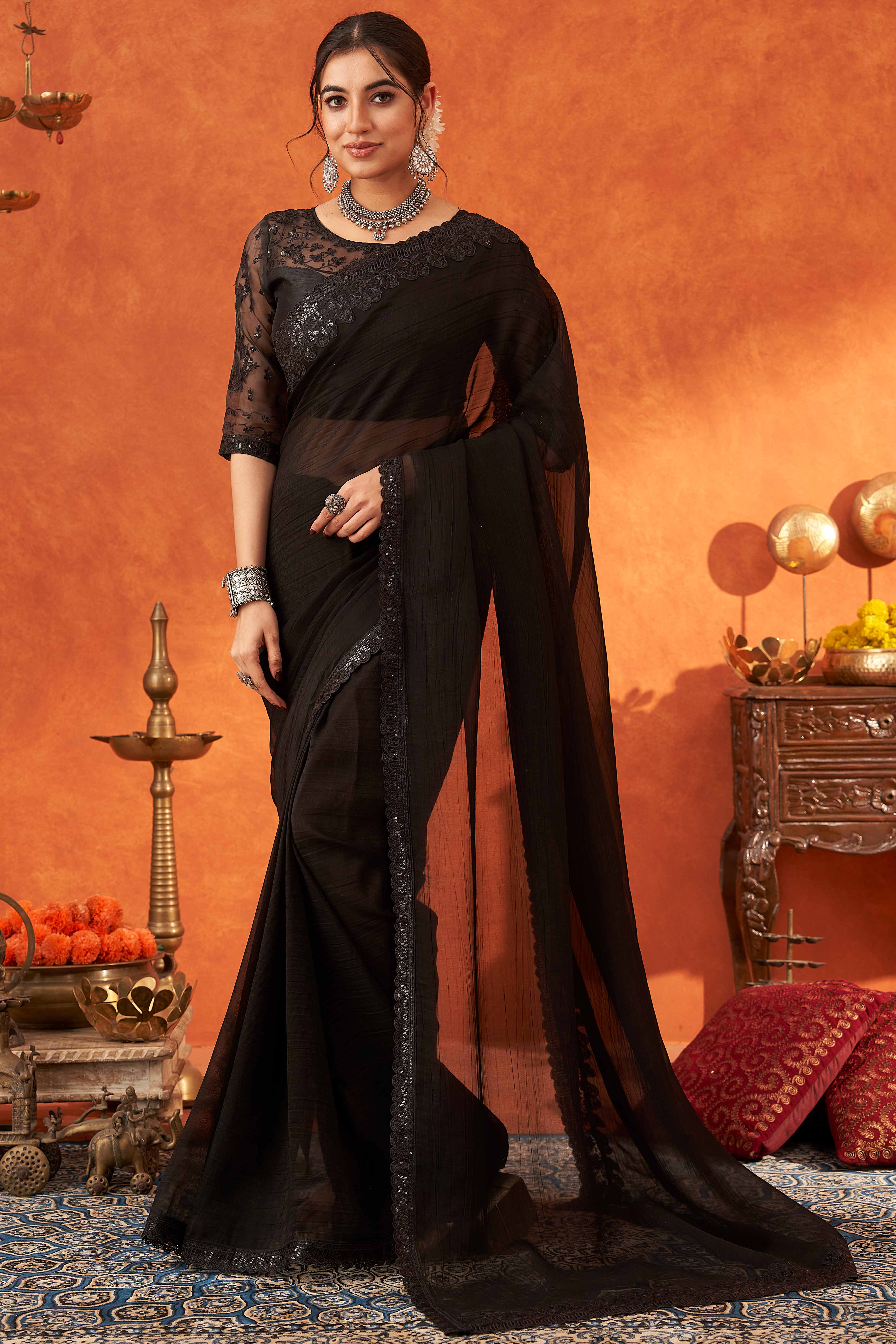 Black Embroidered Crunchy Soft Net Saree With Embellished Border