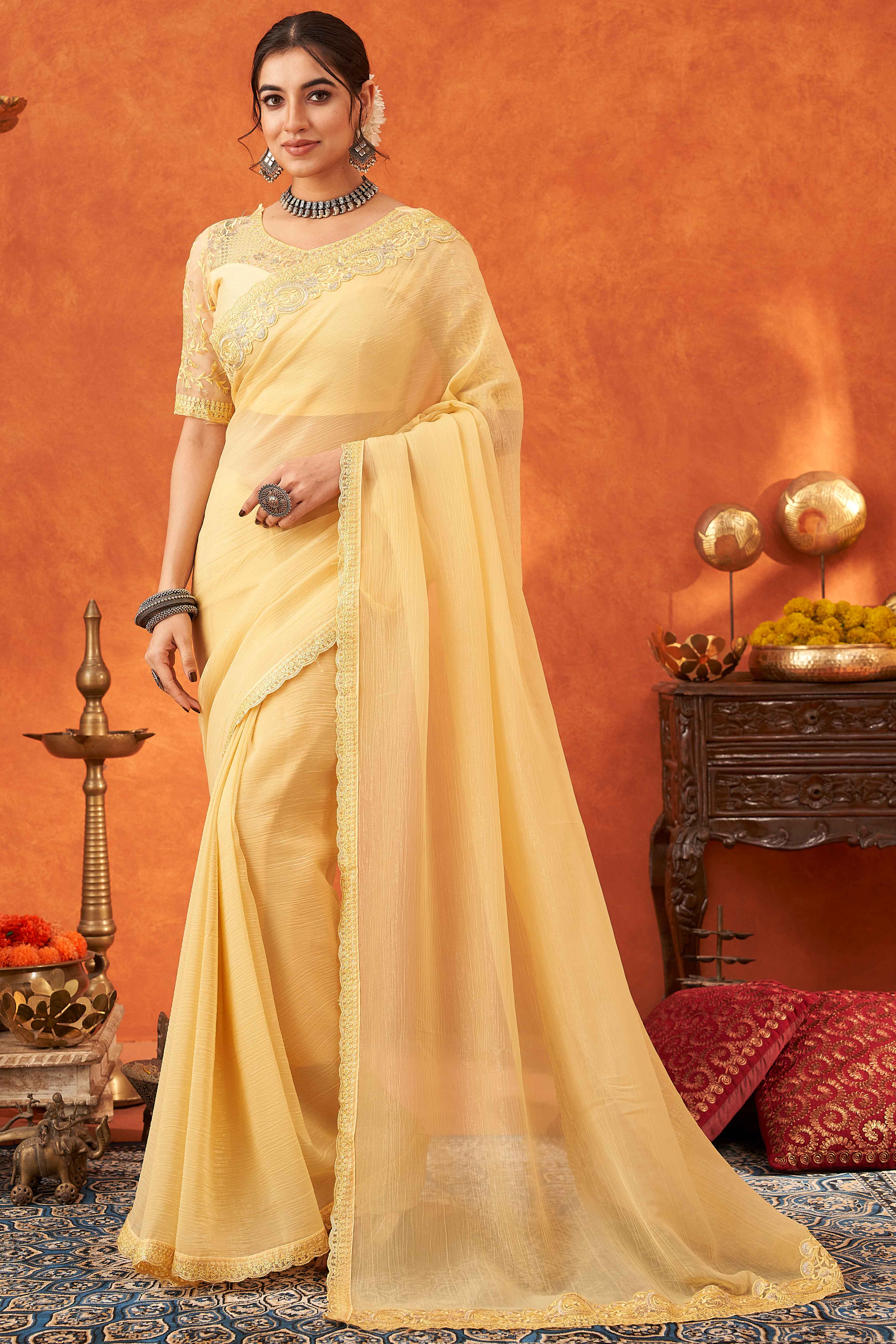 Yellow Embroidered Crunchy Soft Net Saree With Embellished Border