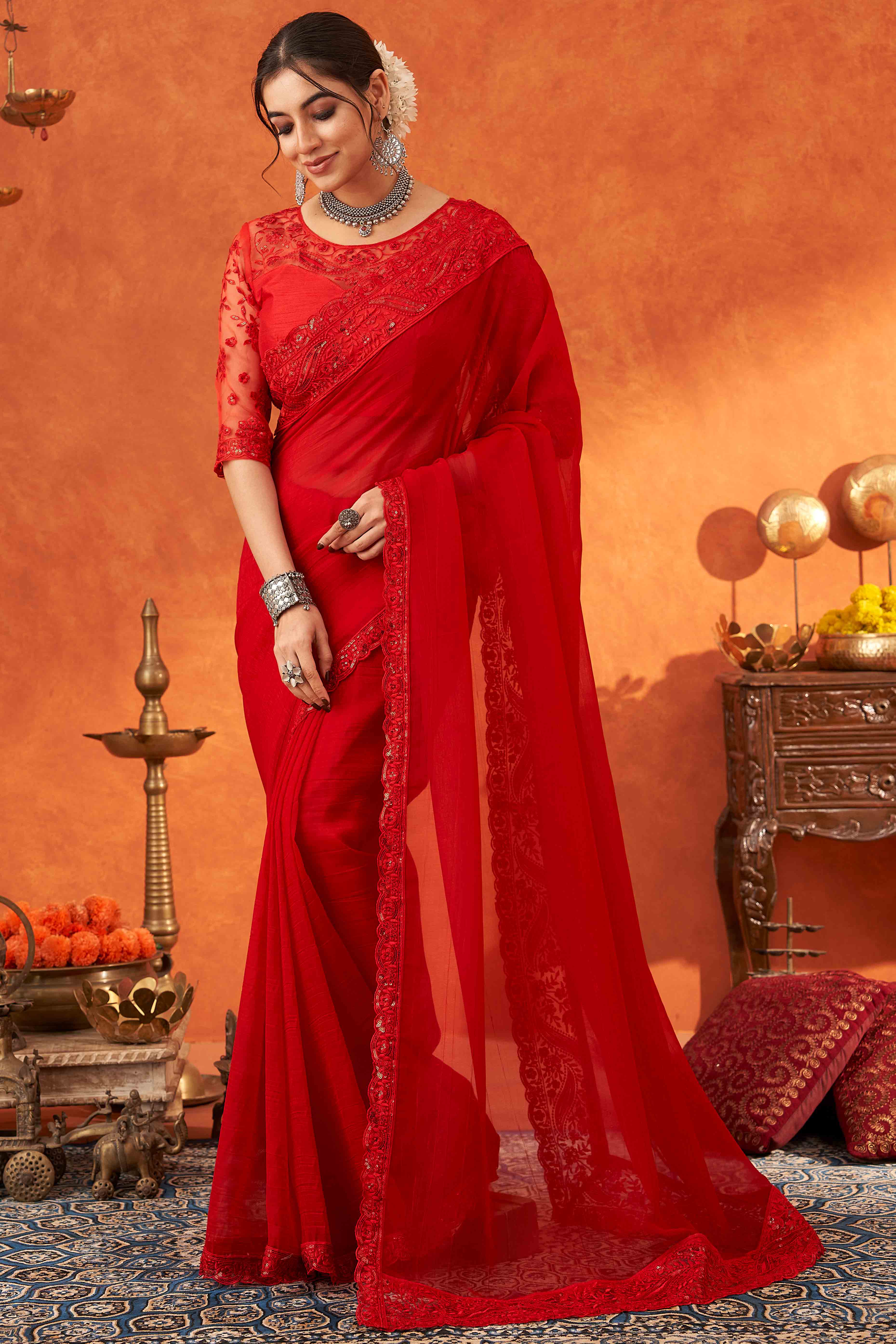 Red Embroidered Crunchy Soft Net Saree With Embellished Border