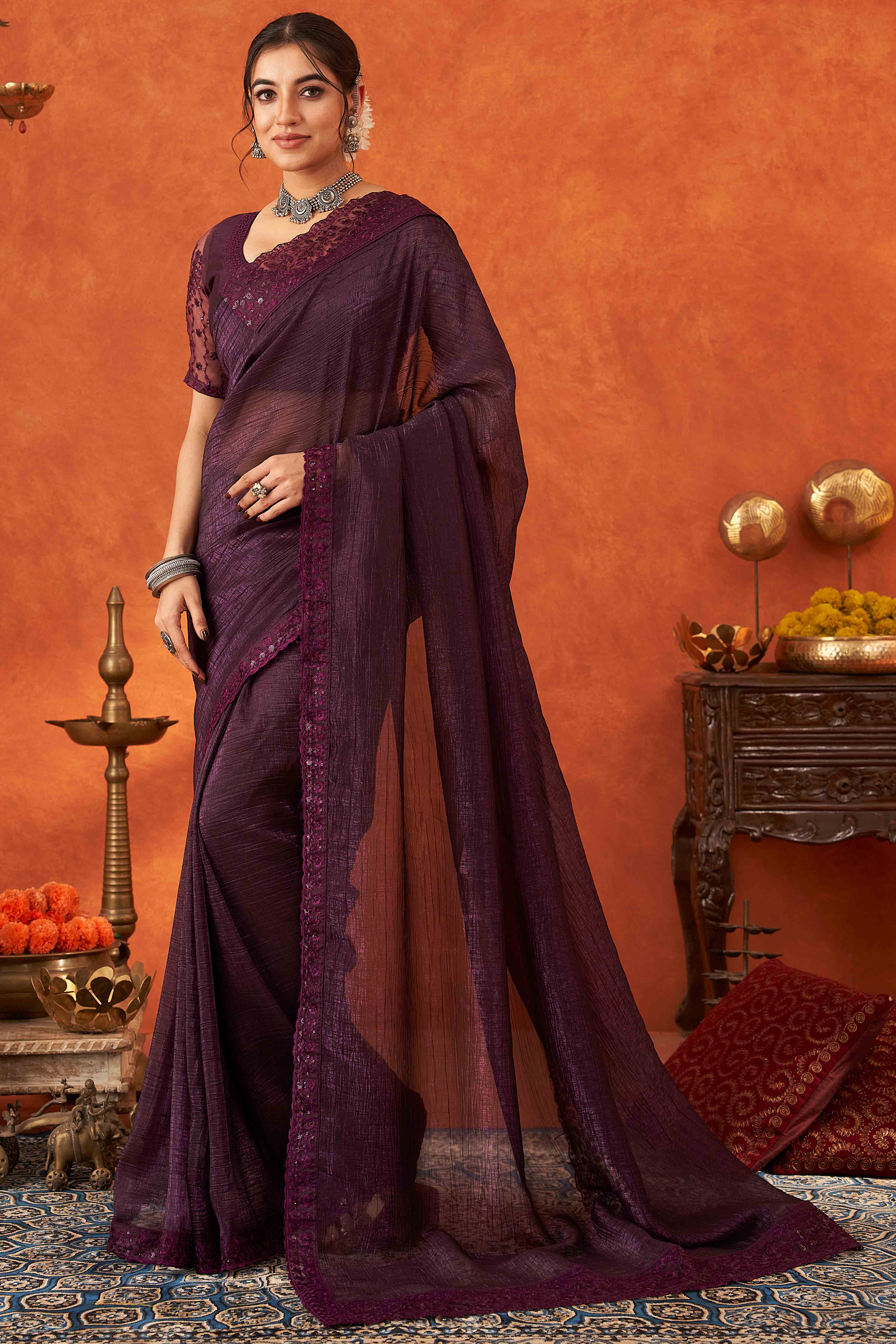 Wine Embroidered Crunchy Soft Net Saree With Embellished Border