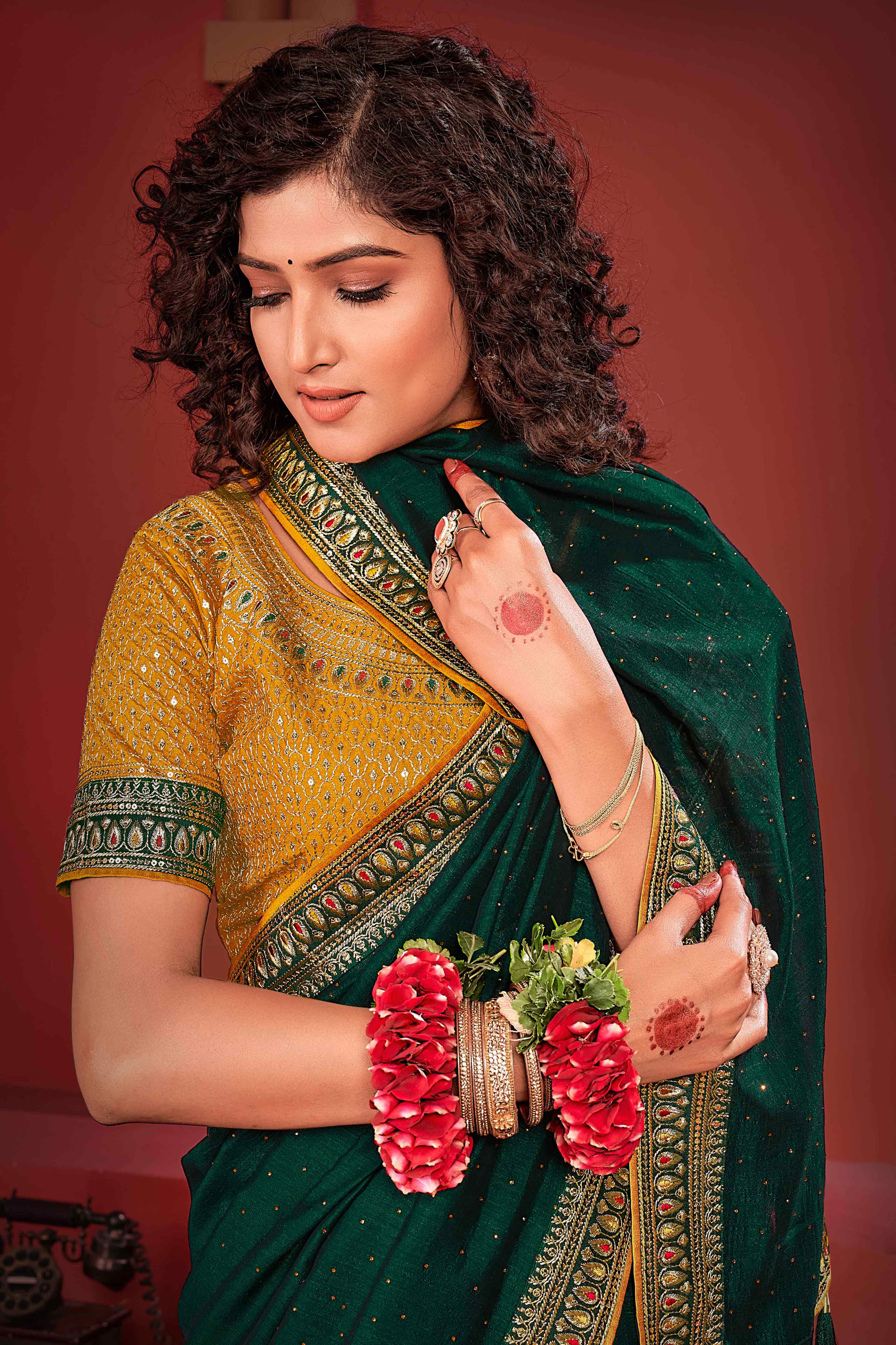 Dark Green Swarovski Work Embroidered Vichitra Silk Saree