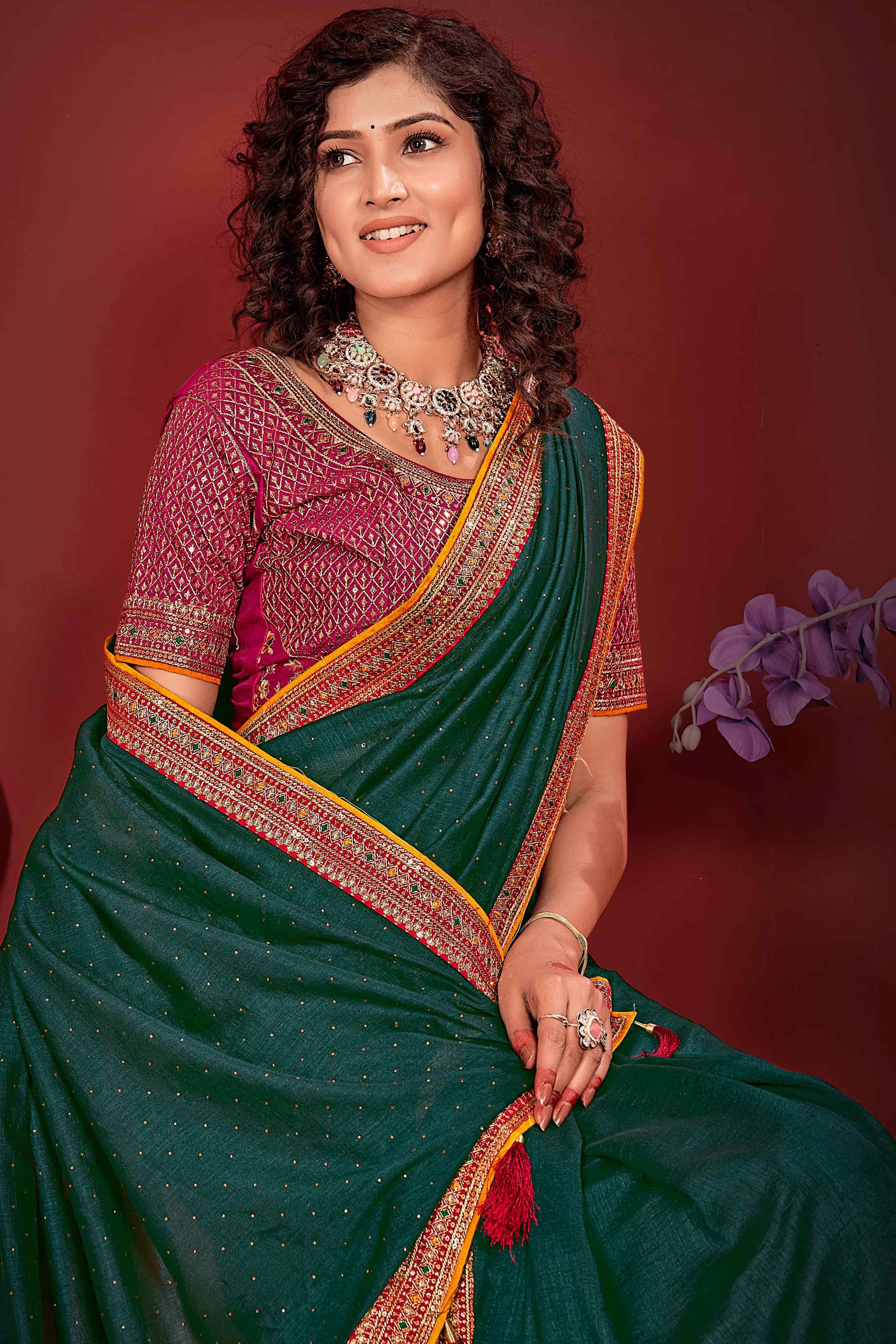 Morpich green Swarovski Work Embroidered Vichitra Silk Saree