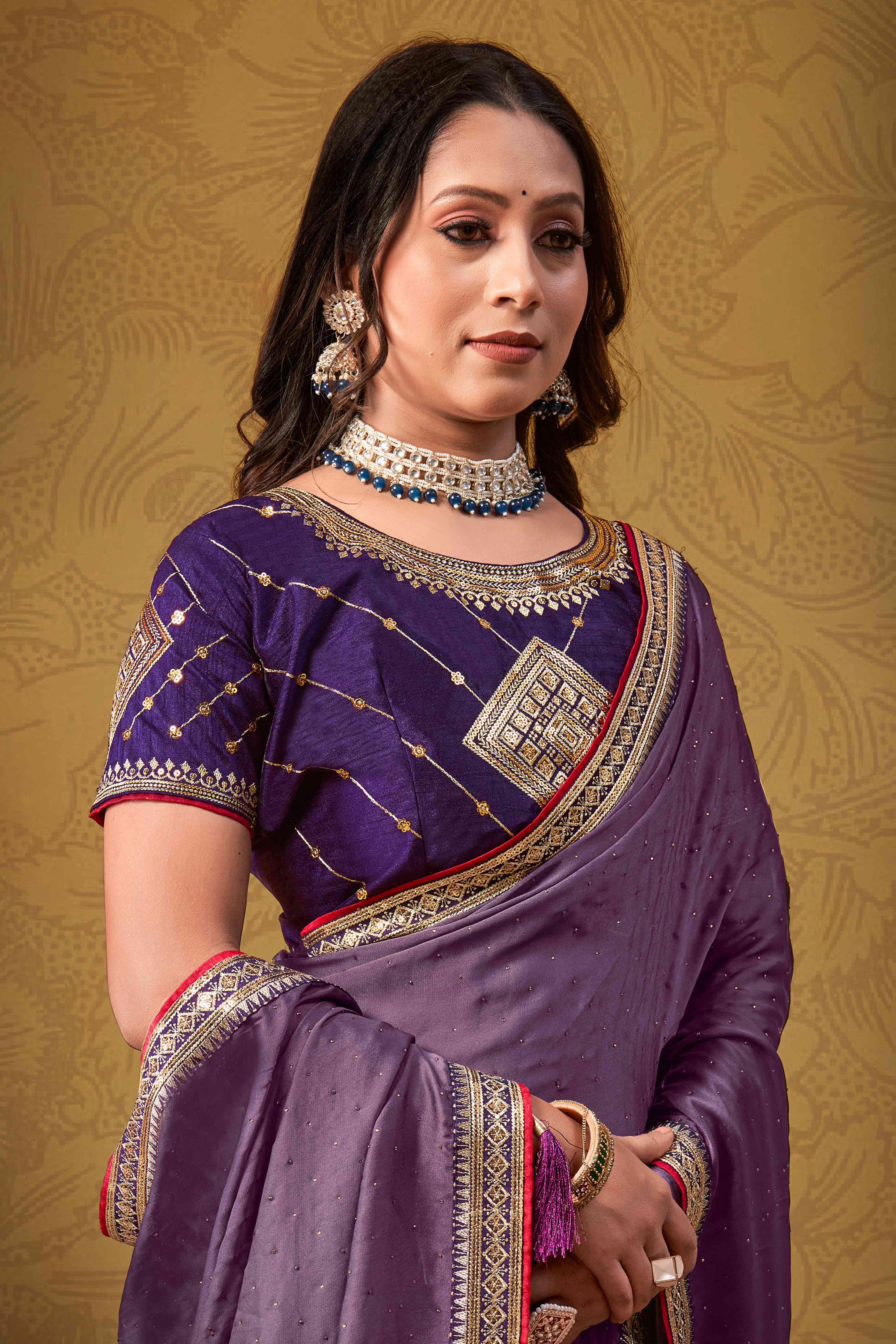 Purple Swarovski Work Satin Saree With Designer Border