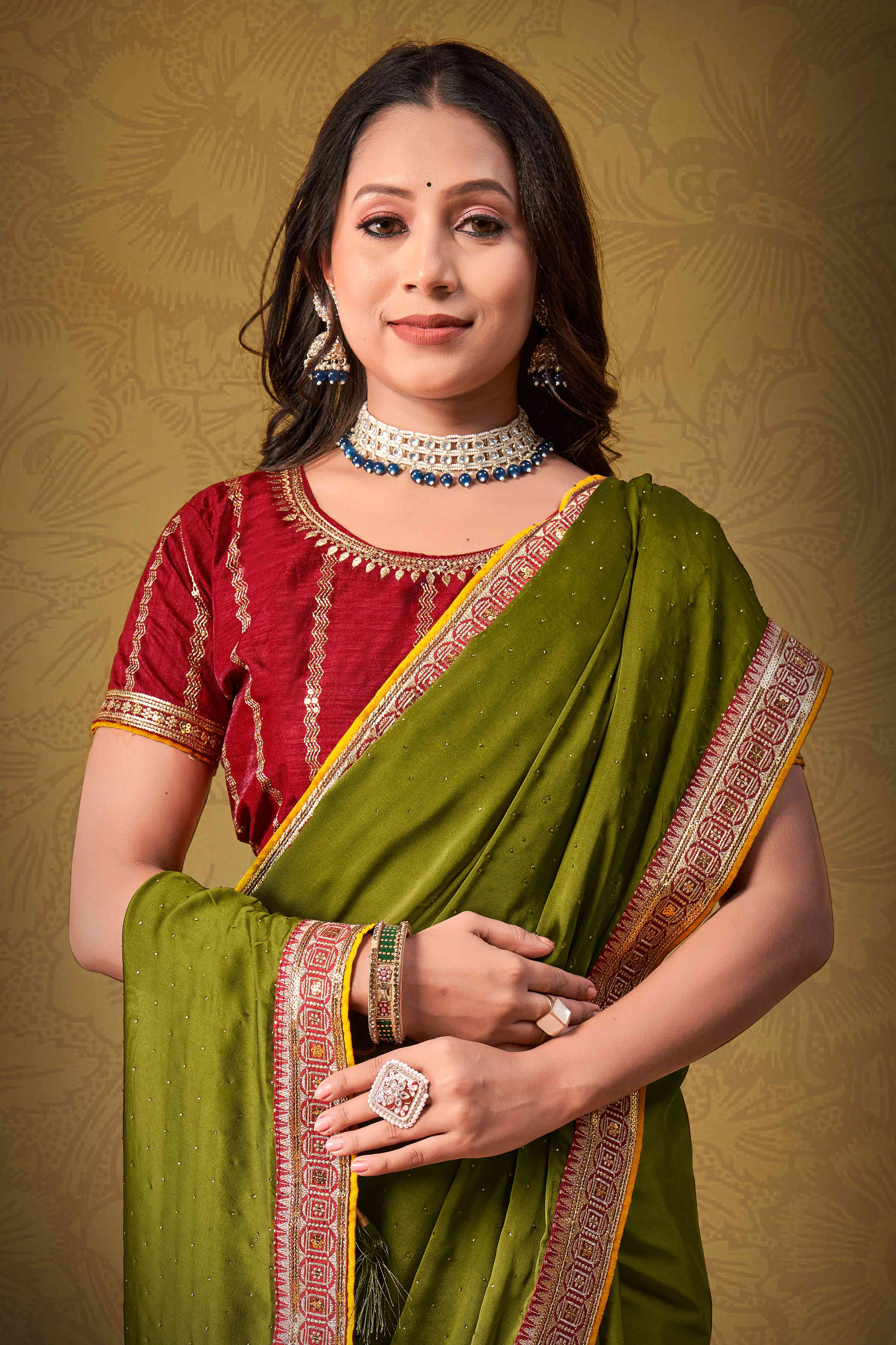 Olive Swarovski Work Satin Saree With Designer Border