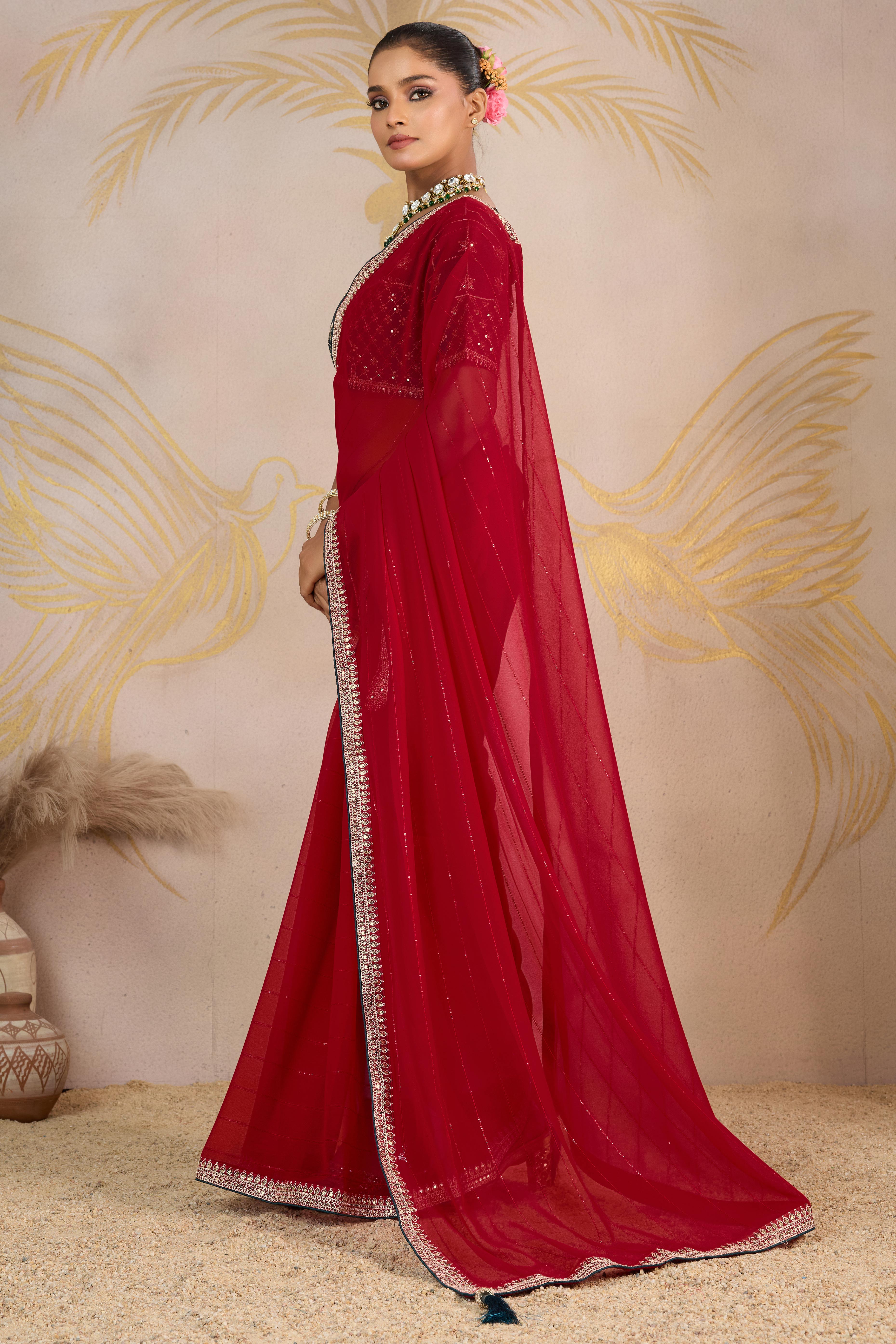 Red Zari Embroidered Georgette Saree Accented With Sequins