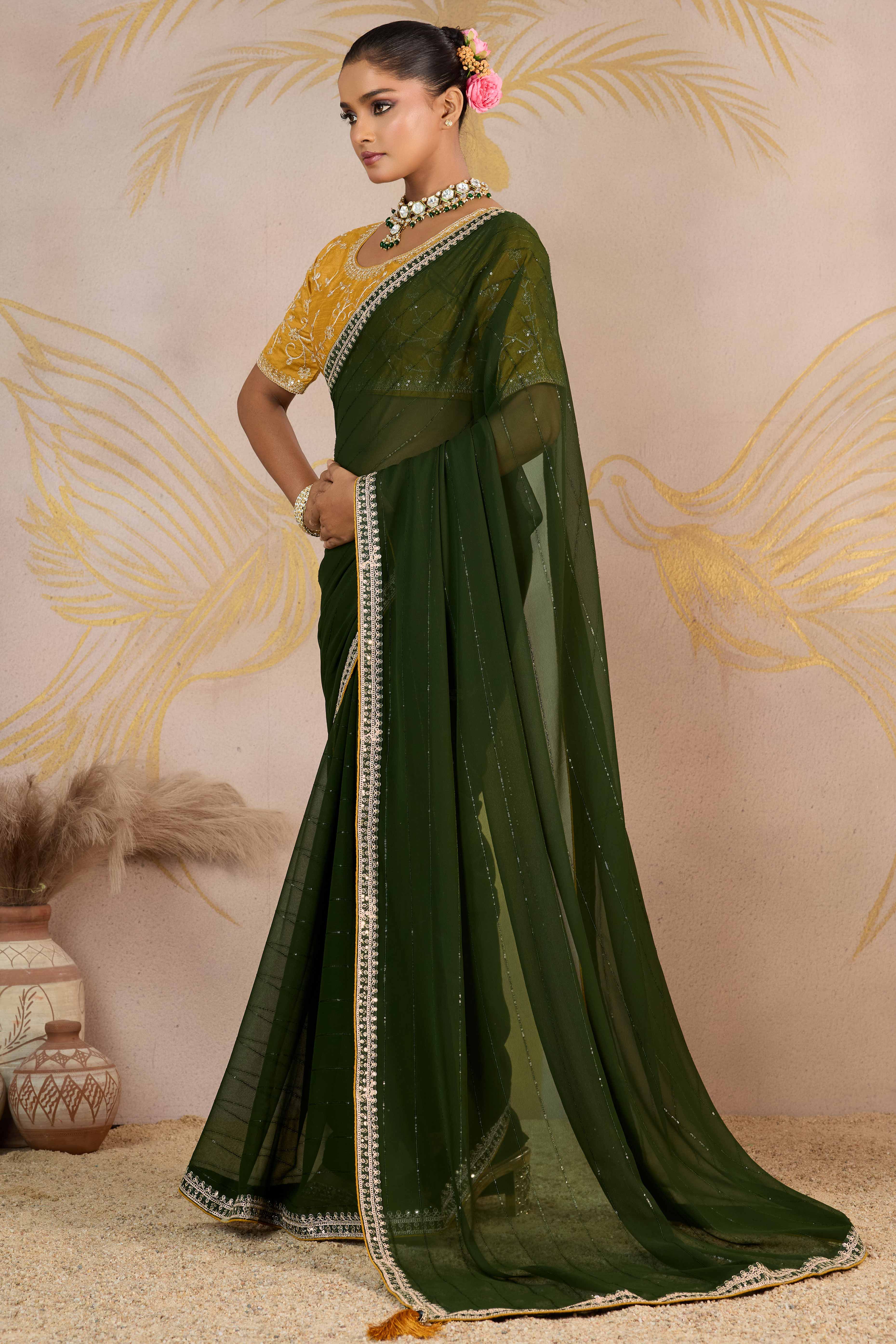 Mehendi Green Zari Embroidered Georgette Saree Accented With Sequins