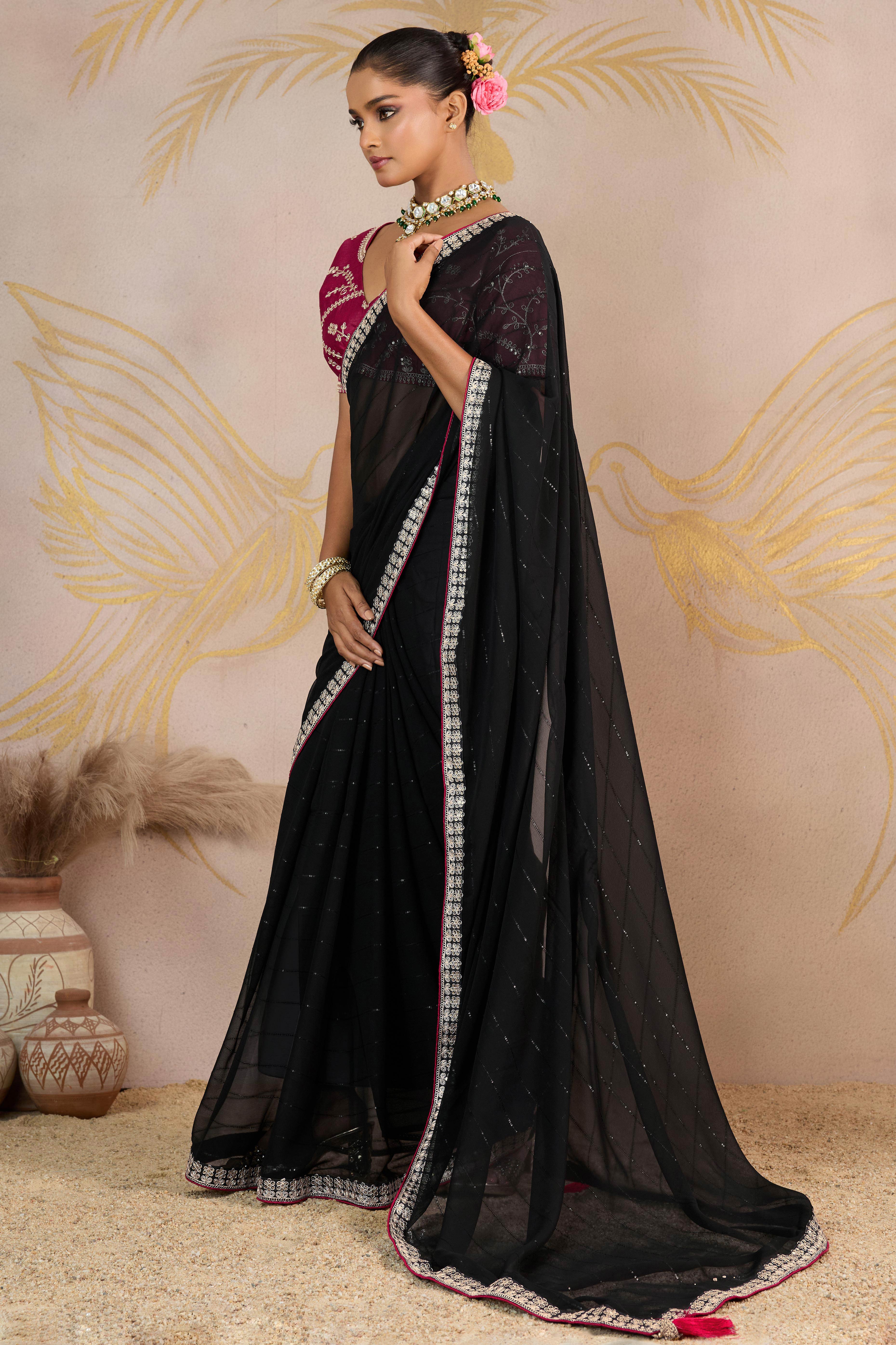 Black Zari Embroidered Georgette Saree Accented With Sequins