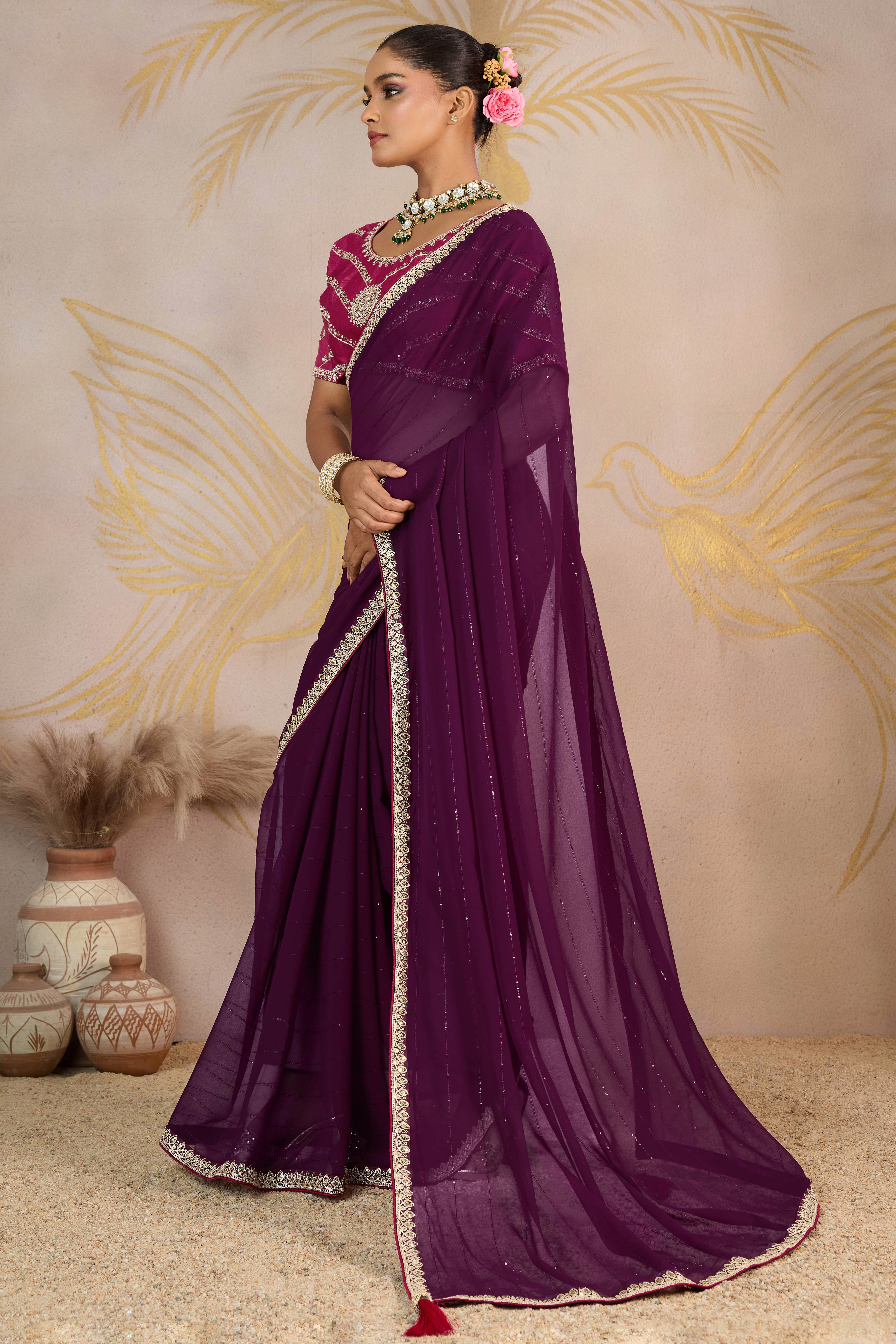 Wine Zari Embroidered Georgette Saree Accented With Sequins