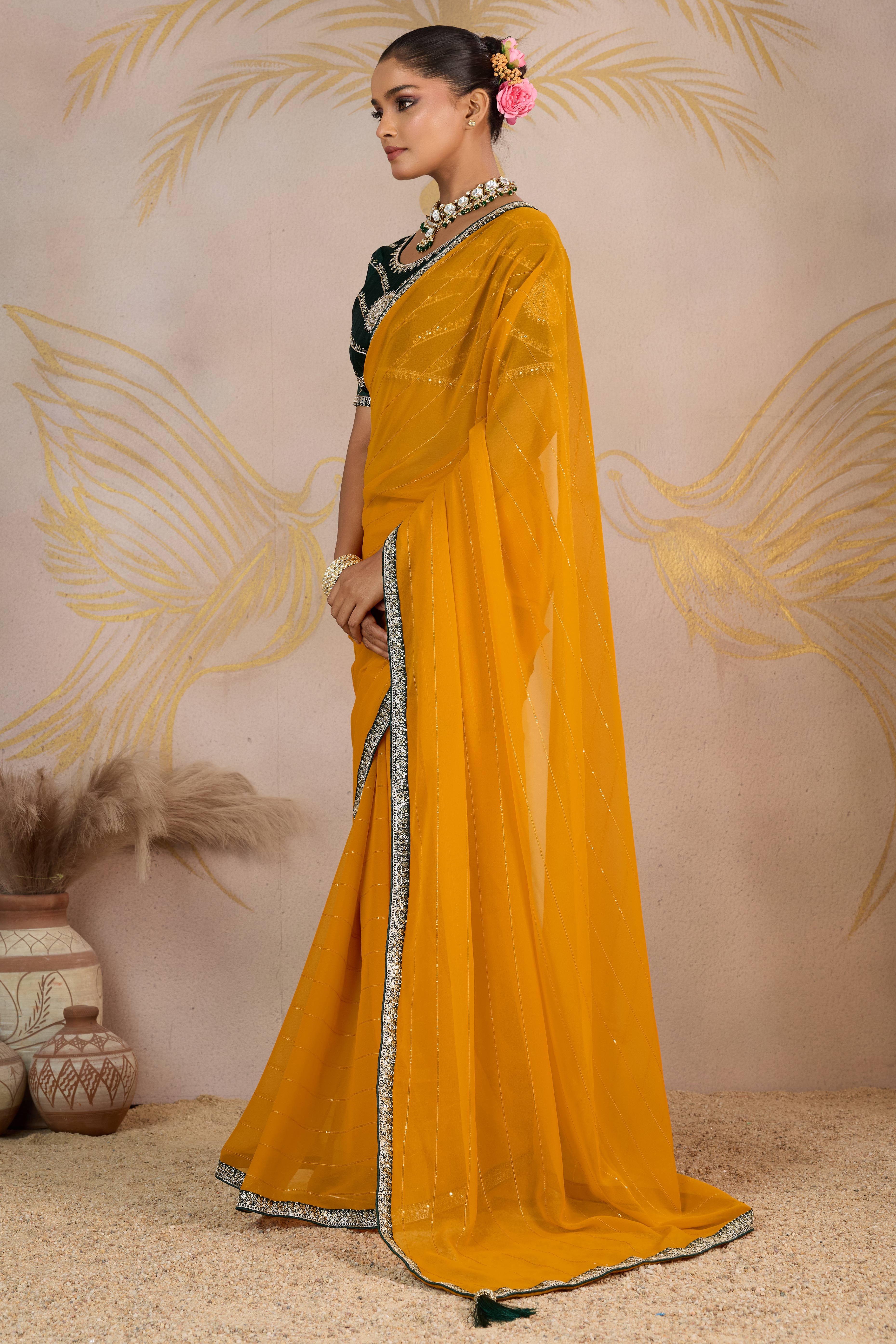 Mustard Zari Embroidered Georgette Saree Accented With Sequins