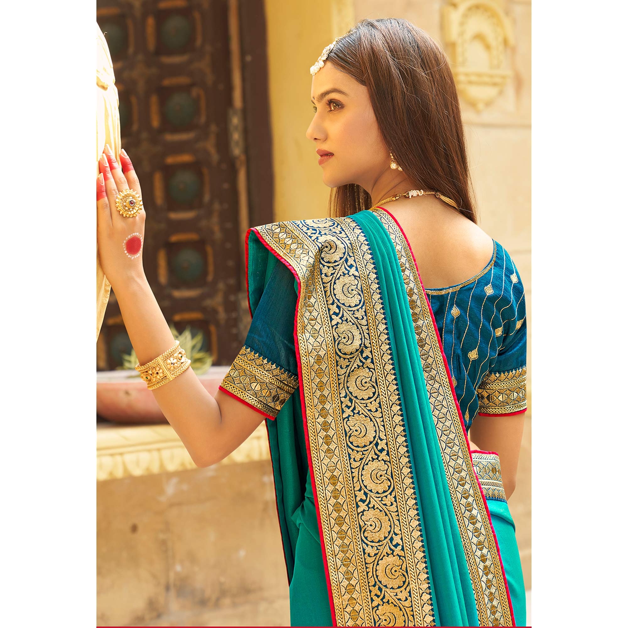 Rama Blue Solid With Embroidered Border Vichitra Silk Saree