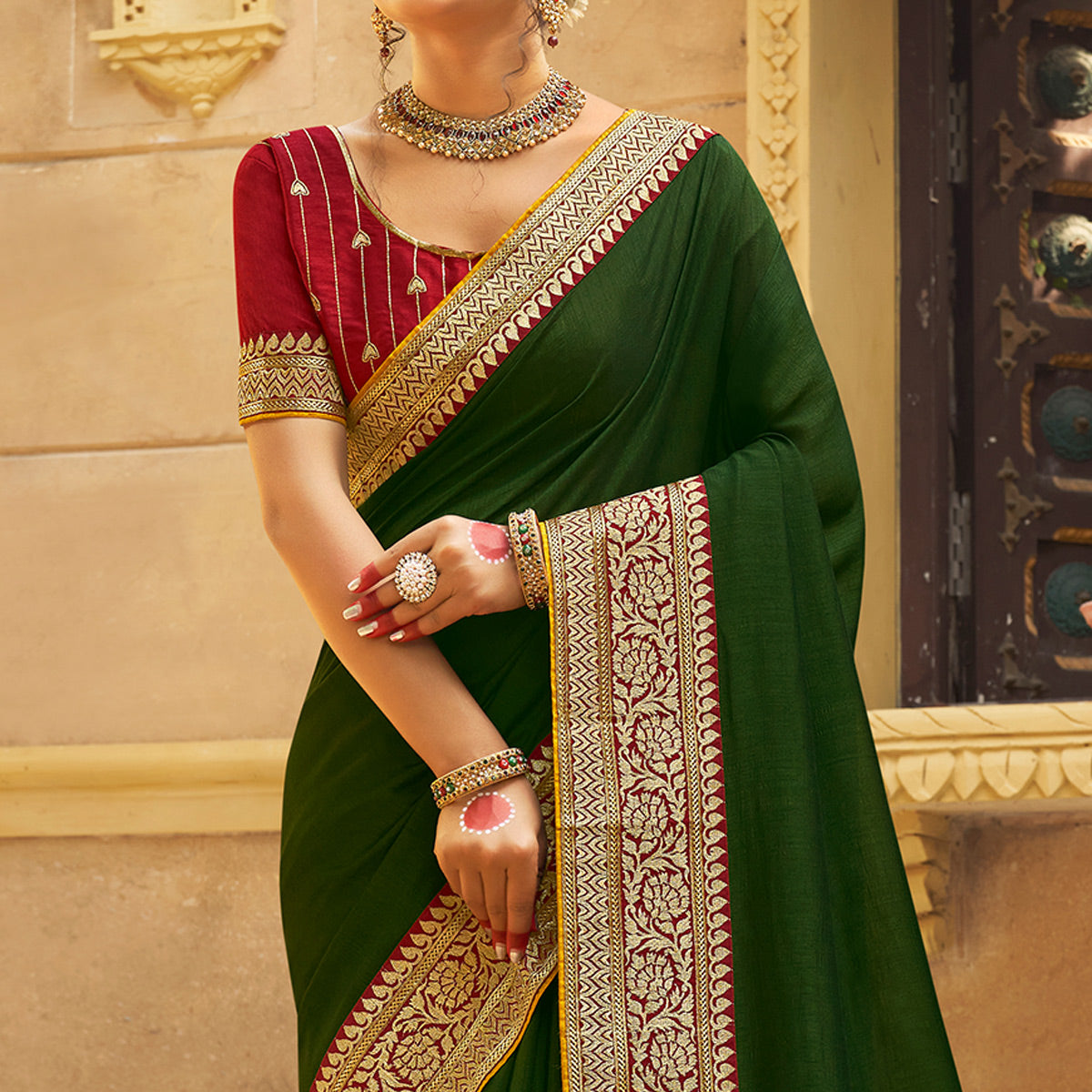 Green Solid With Embroidered Border Vichitra Silk Saree