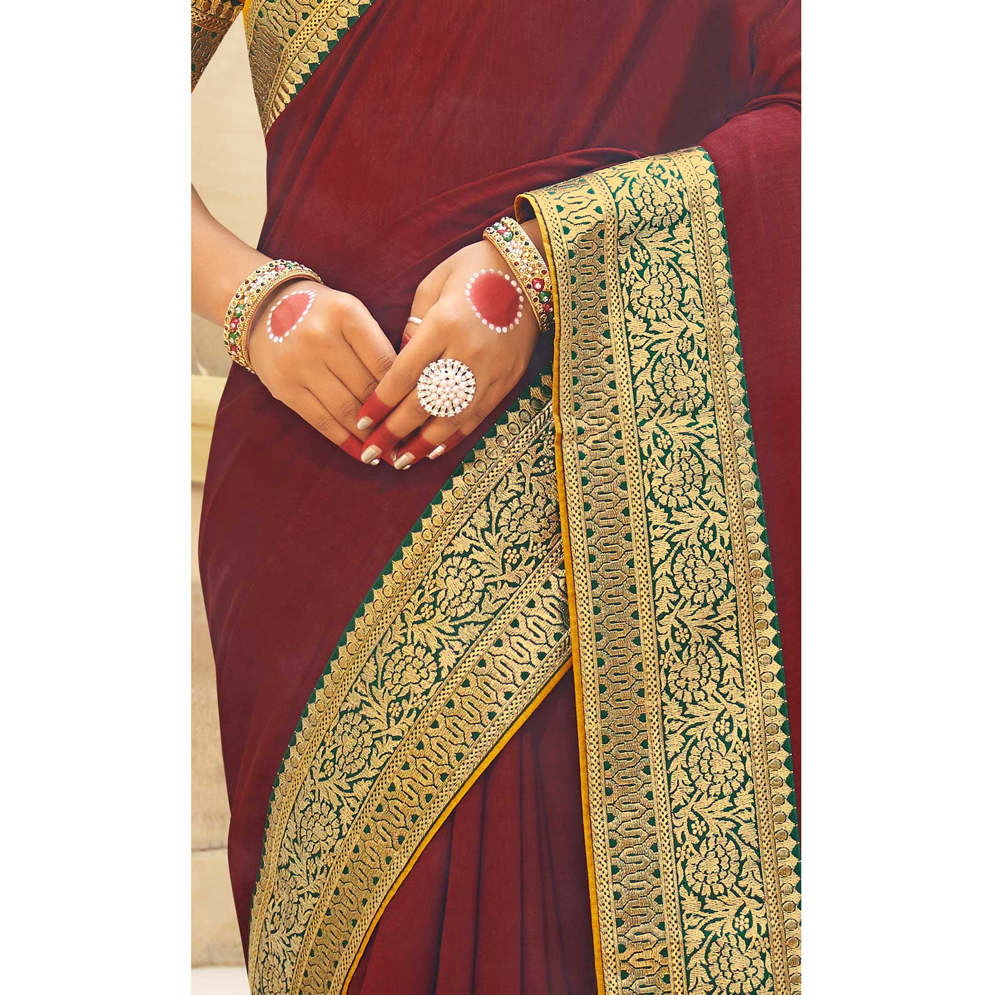 Maroon Solid With Embroidered Border Vichitra Silk Saree