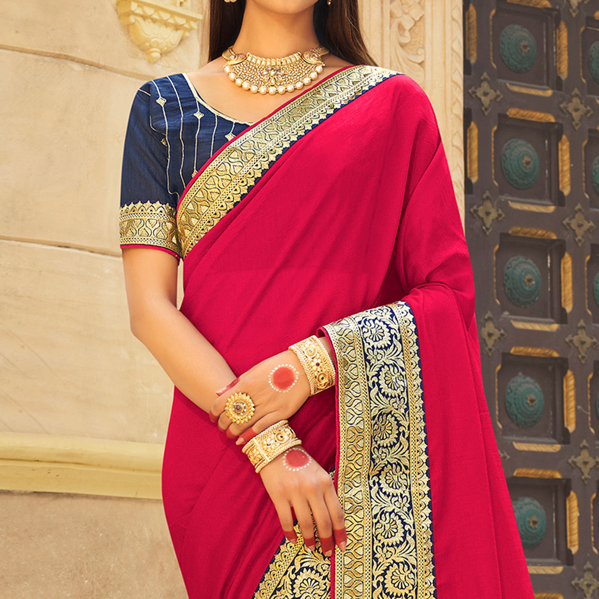Rani Pink Solid With Embroidered Border Vichitra Silk Saree