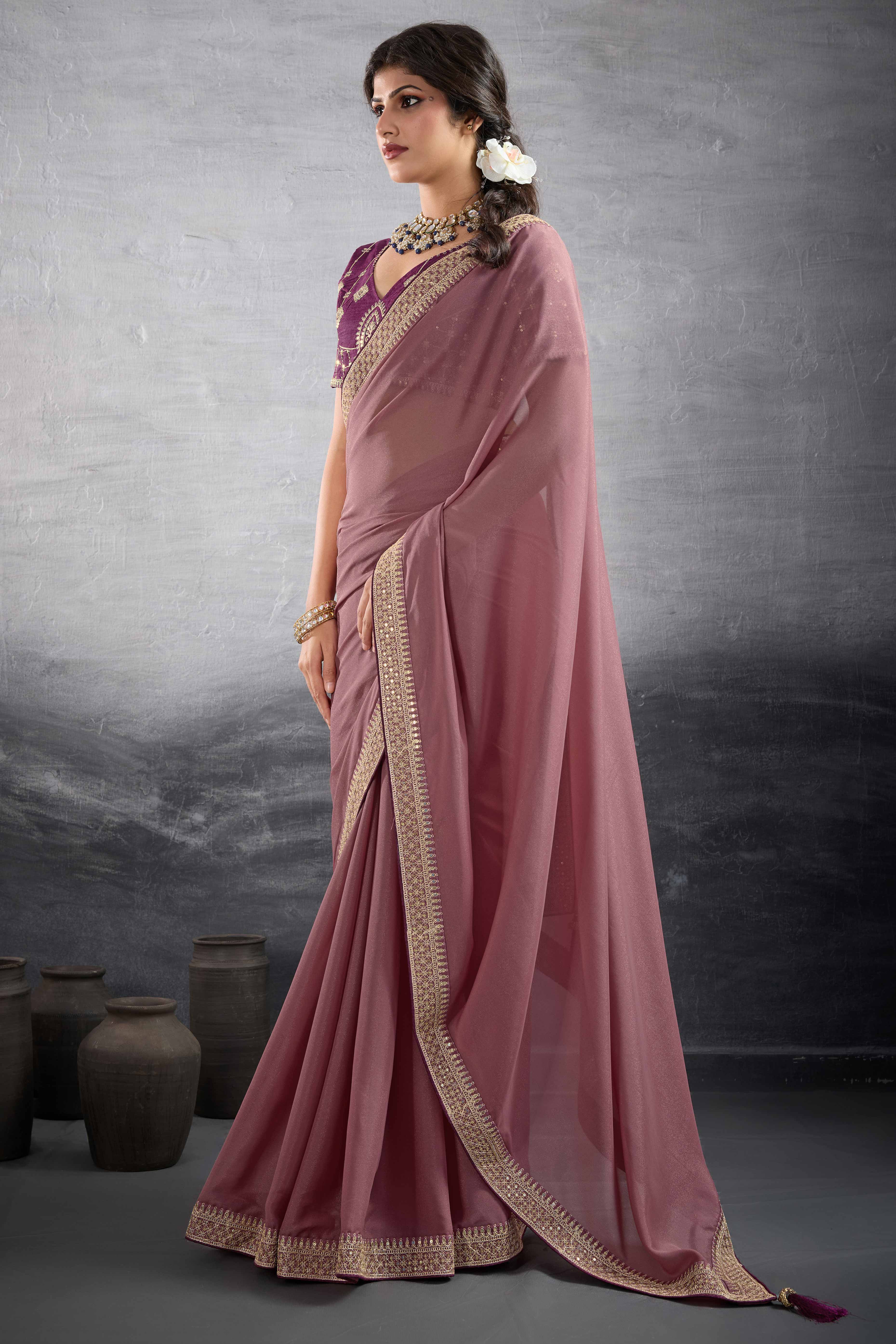 Onion Pink Solid Saree In Georgette With Zari & Sequins Embroidery Border