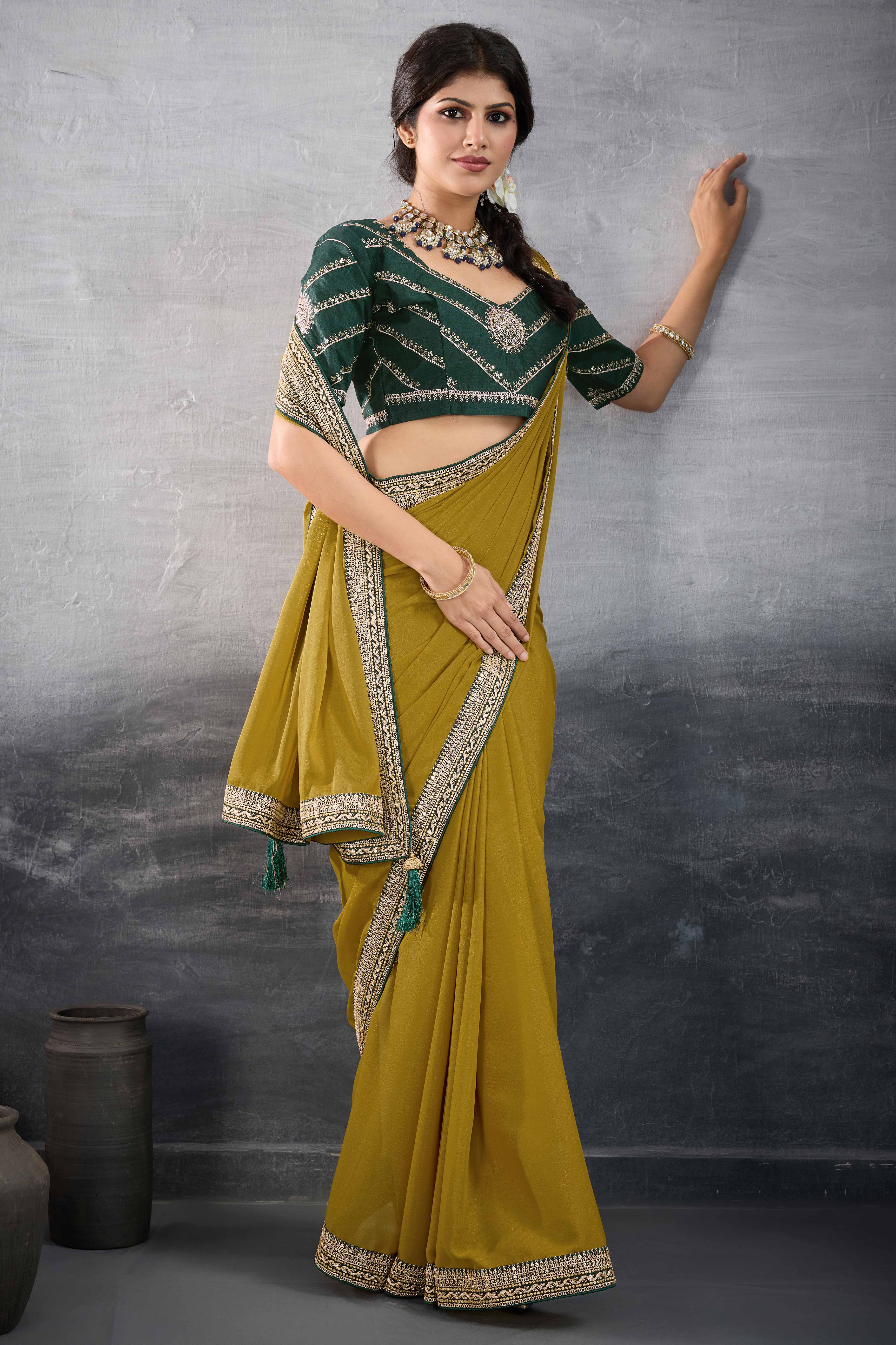 Mustard Solid Saree In Georgette With Zari & Sequins Embroidery Border