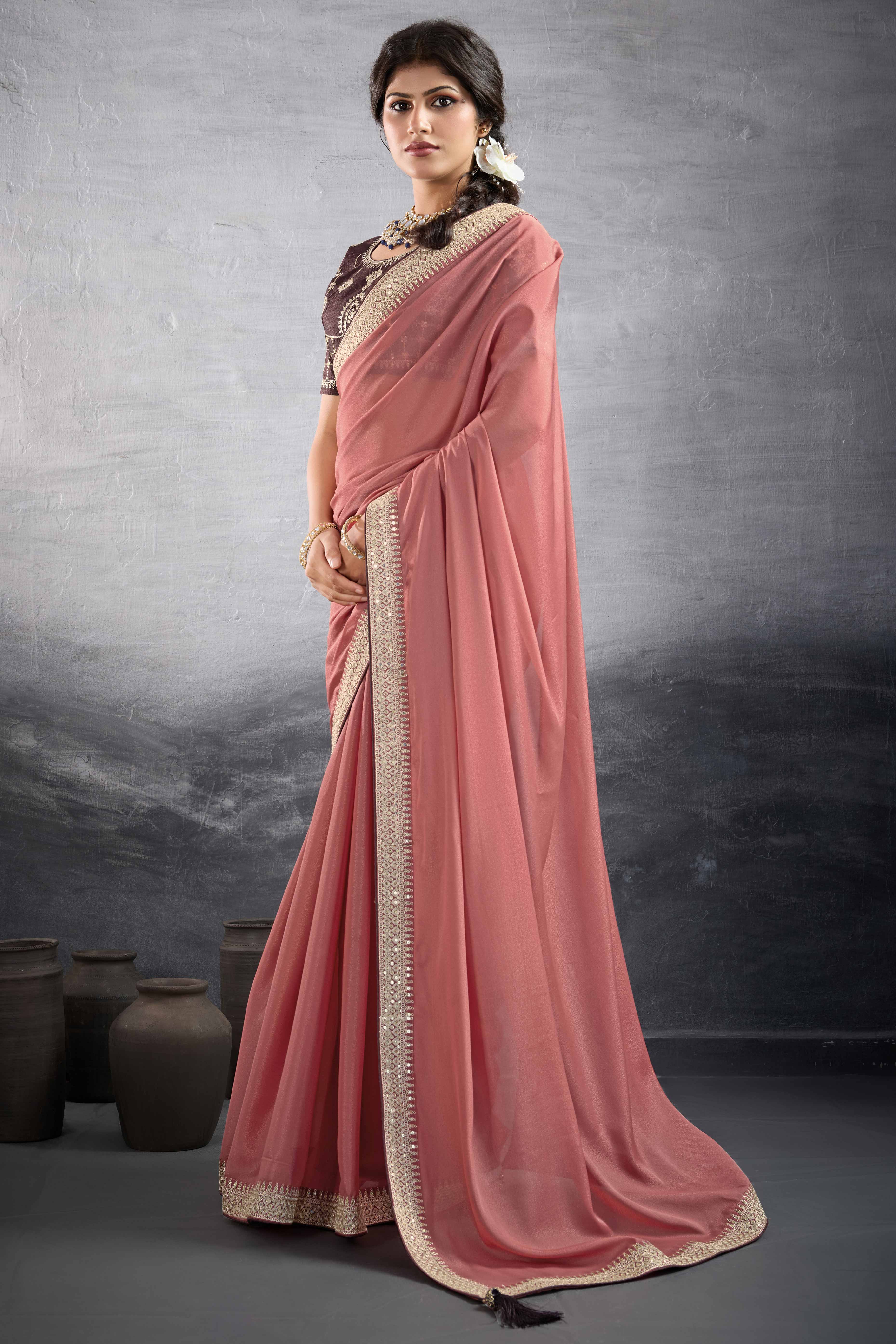 Salmon Pink Solid Saree In Georgette With Zari & Sequins Embroidery Border