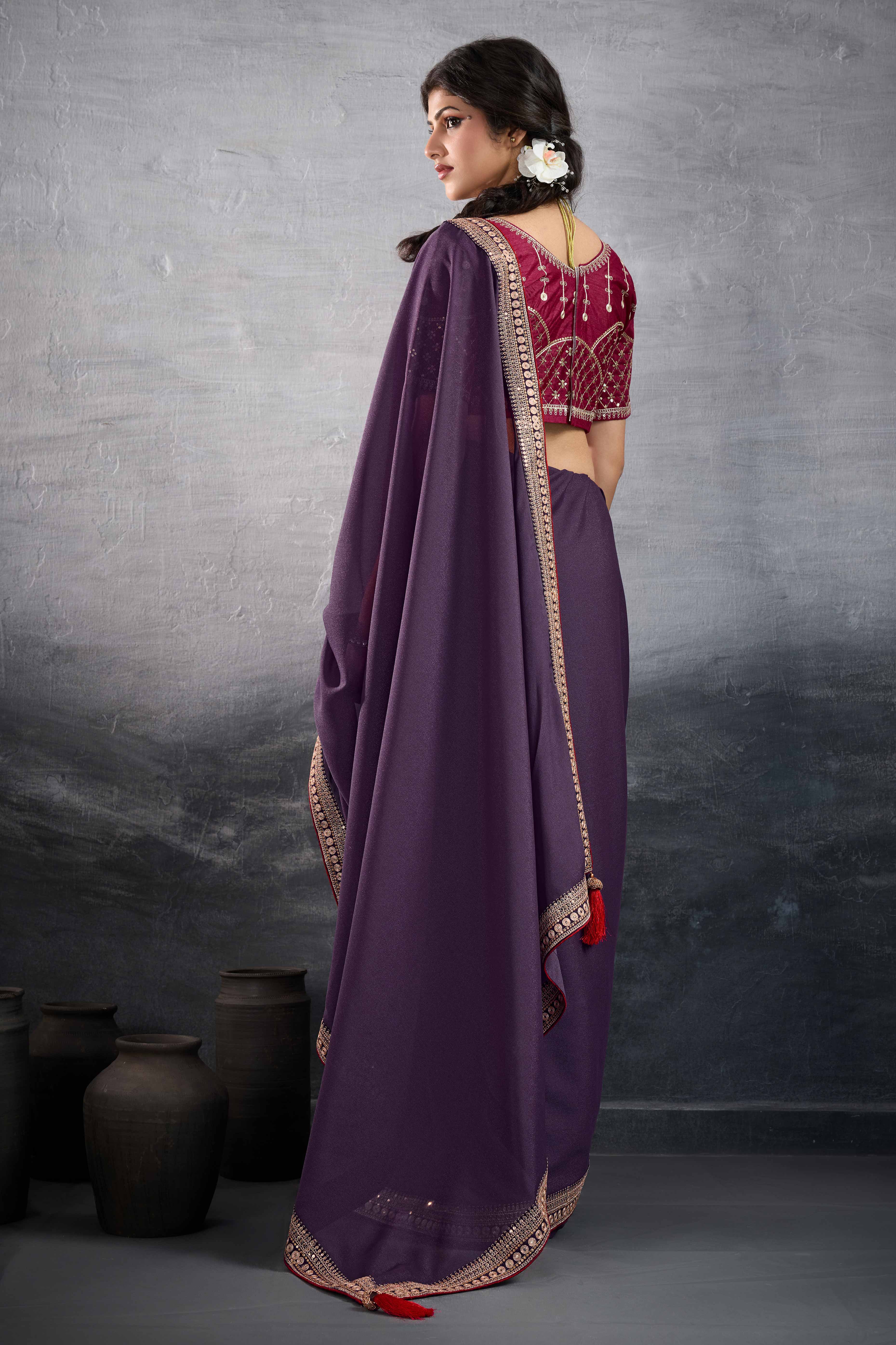 Purple Solid Saree In Georgette With Zari & Sequins Embroidery Border