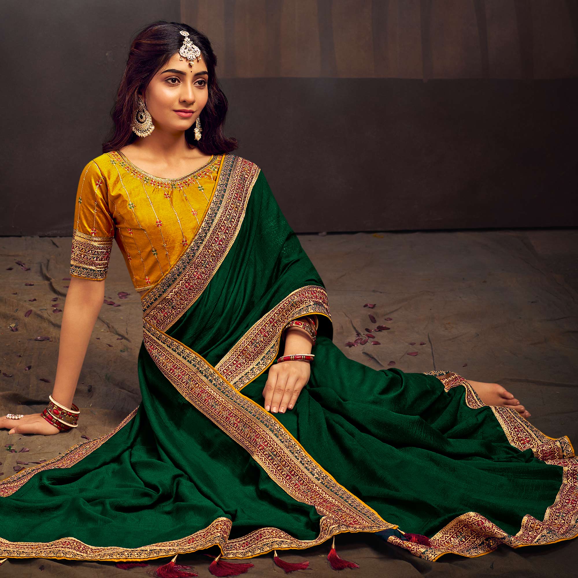 Green Solid With Embroidered Border Vichitra Silk Saree