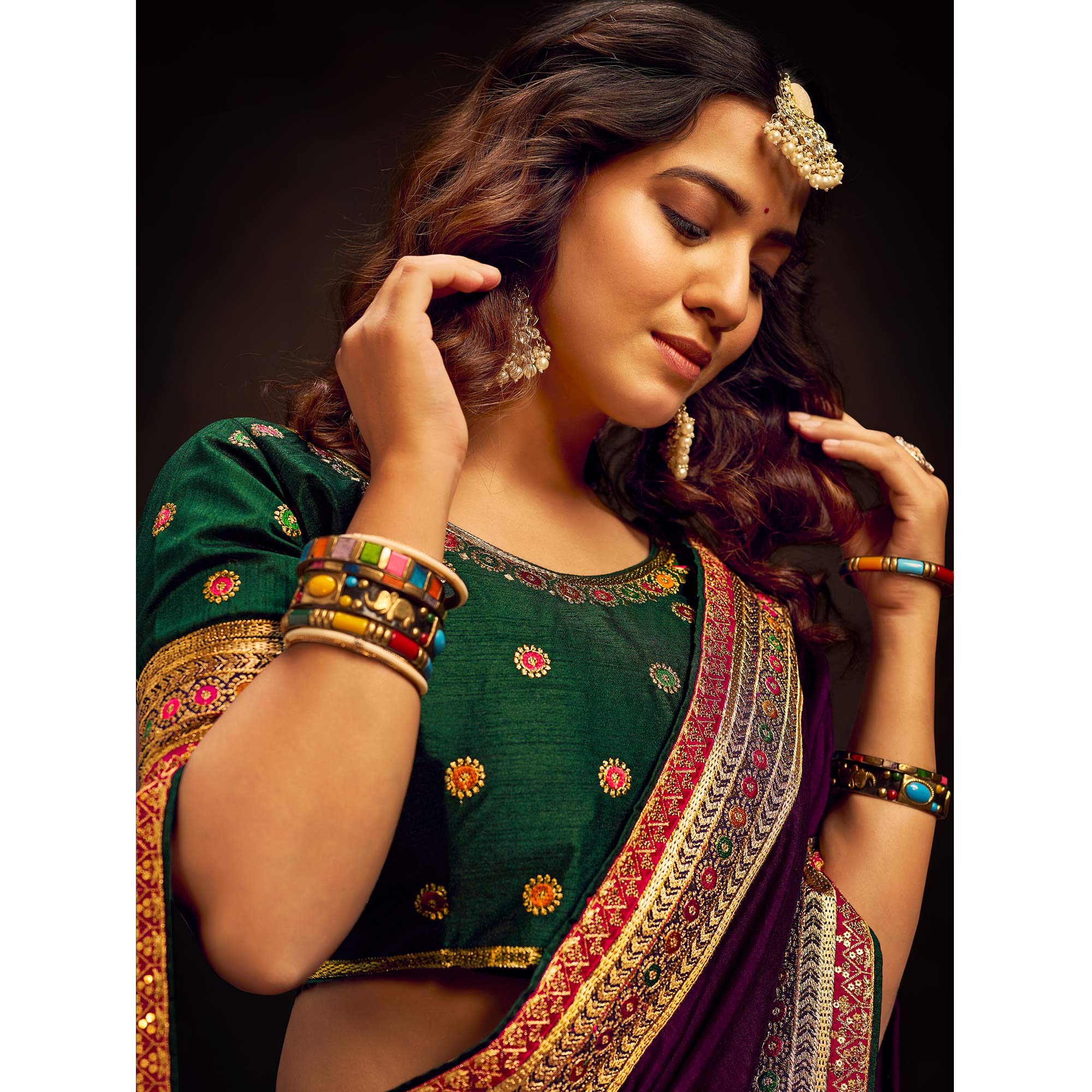 Purple Solid With Embroidered Border Vichitra Silk Saree