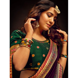 Purple Solid With Embroidered Border Vichitra Silk Saree