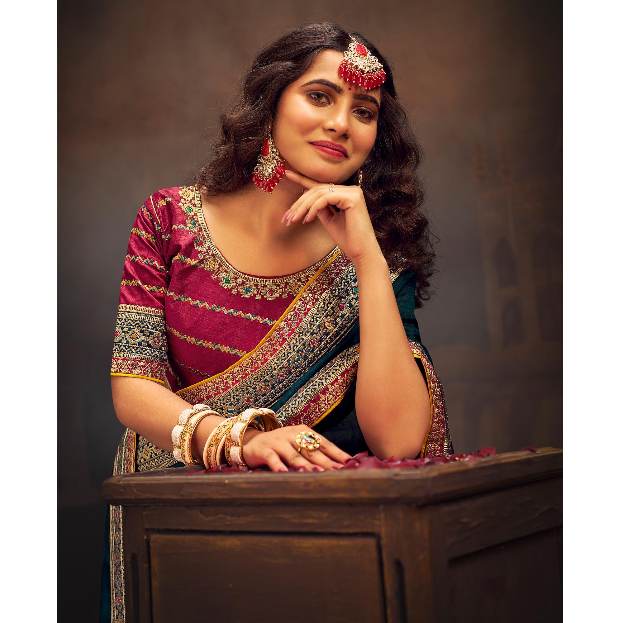 Morpich Green Solid With Embroidered Border Vichitra Silk Saree