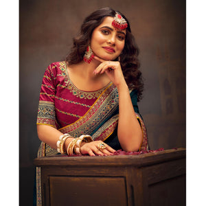 Morpich Green Solid With Embroidered Border Vichitra Silk Saree