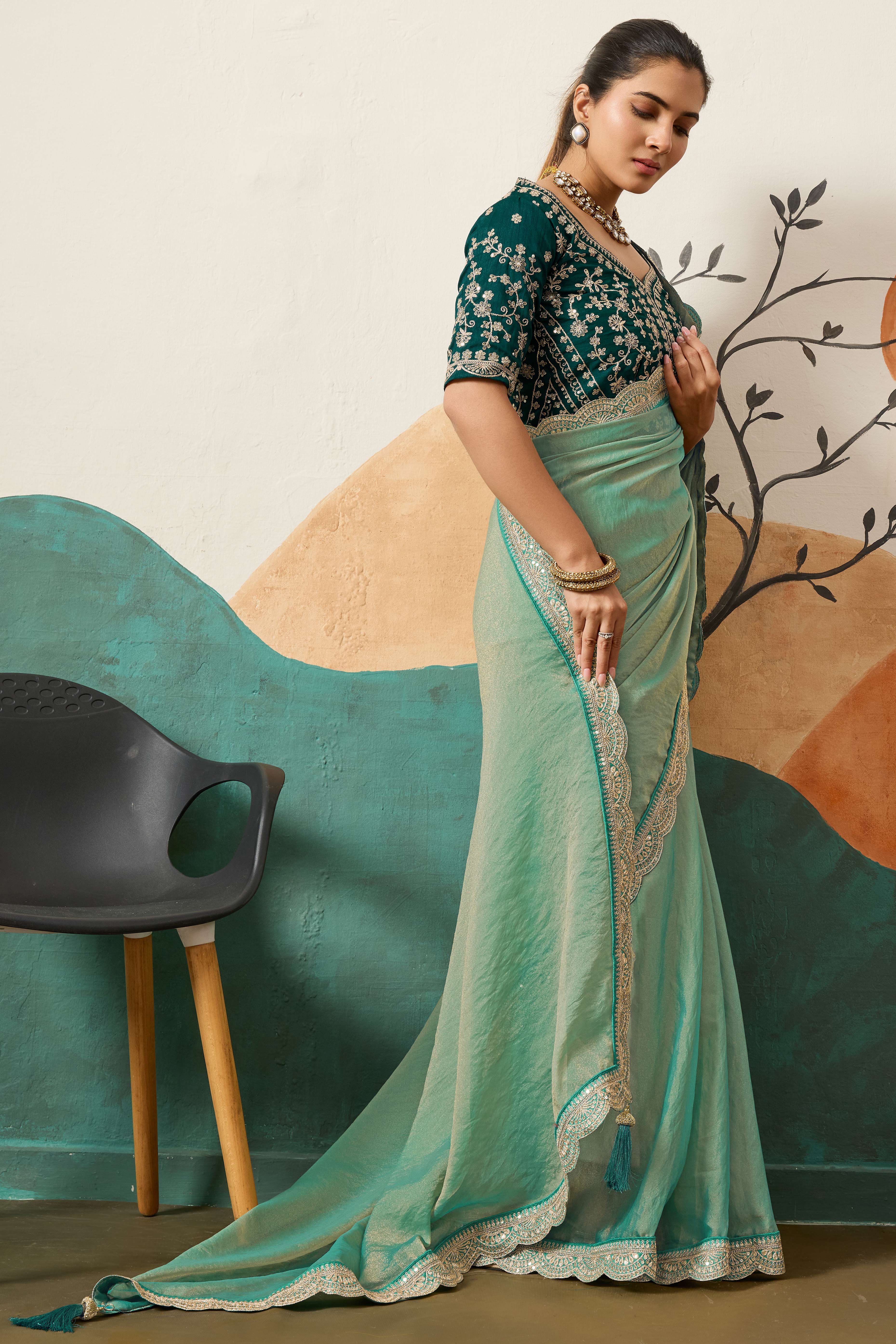 Sophisticated Sea Green Solid Moss Orgnaza Saree With Intricate Cording Sequins Embroidery Border