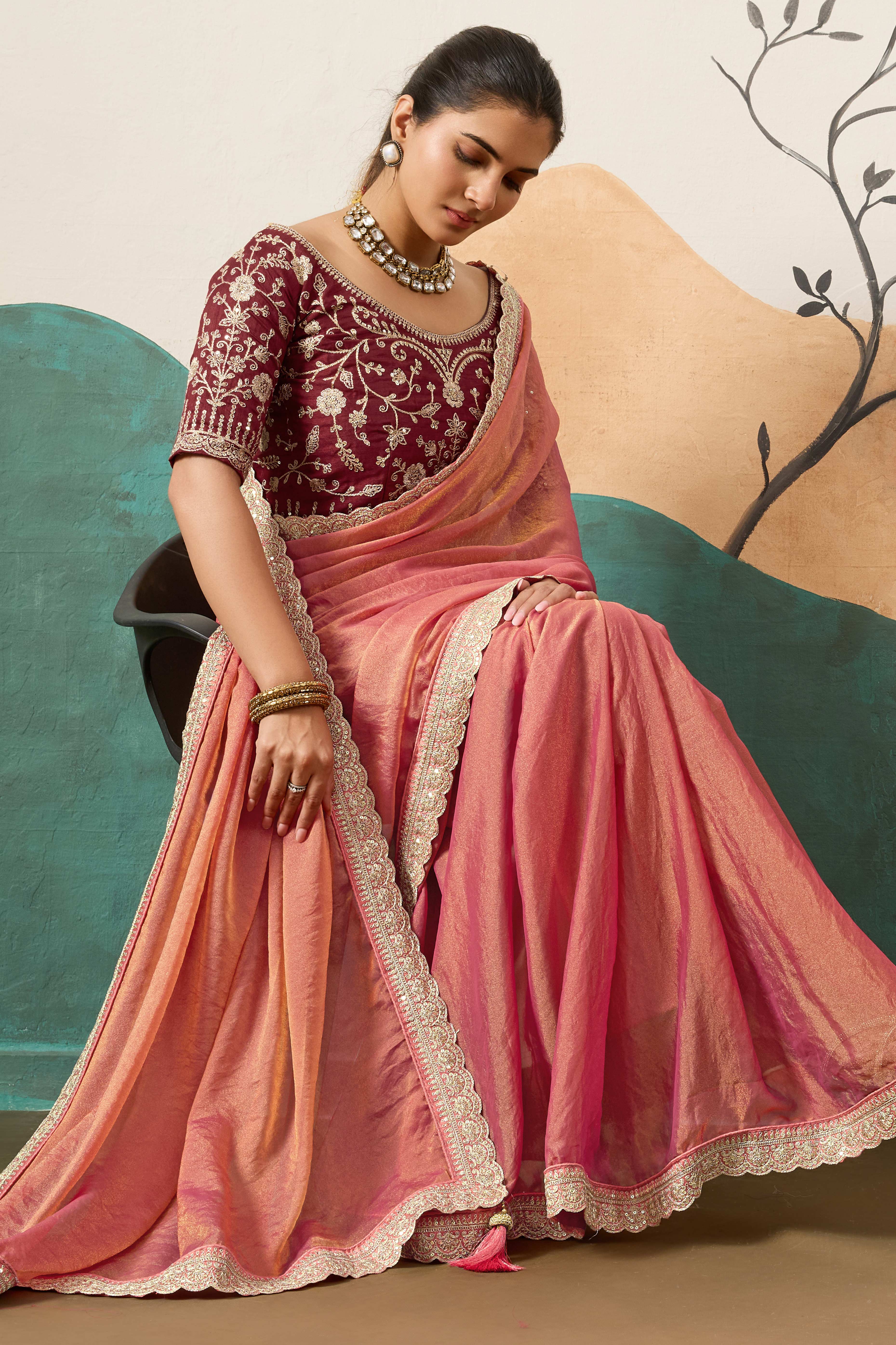 Sophisticated Gajari Pink Solid Moss Orgnaza Saree With Intricate Cording Sequins Embroidery Border