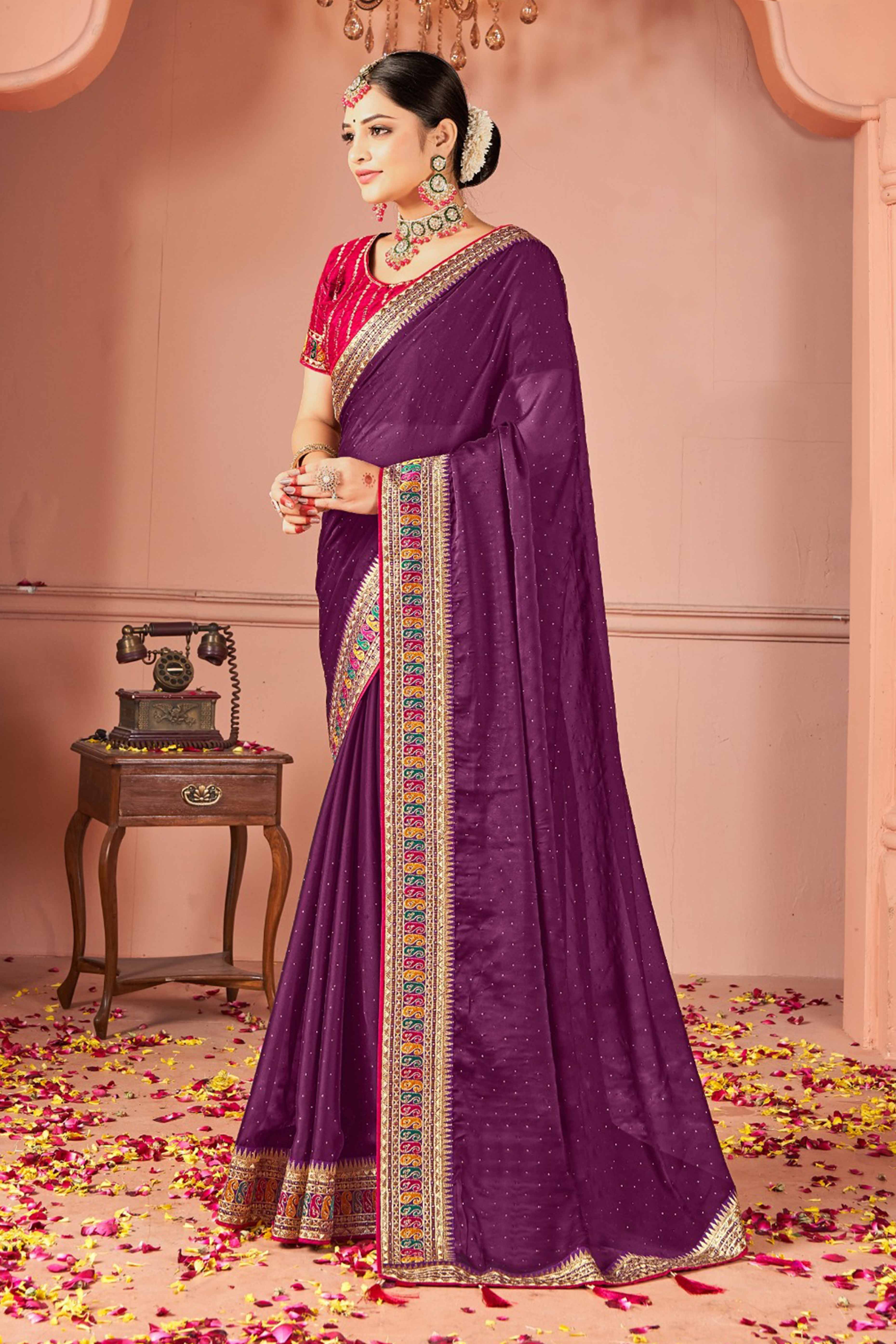 Wine Swarovski Work Satin Rangoli Saree With Embroidered Border