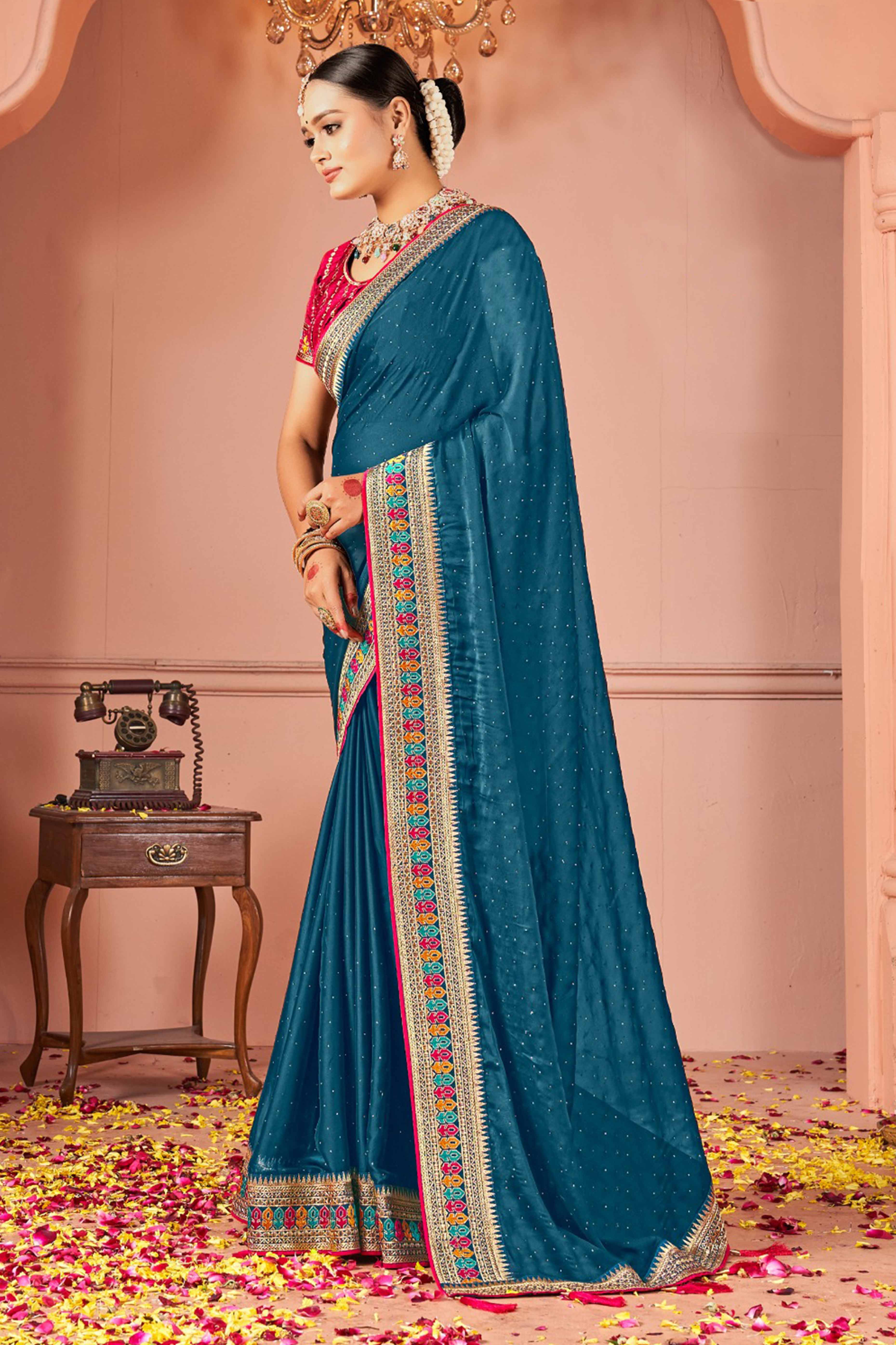 Teal Swarovski Work Satin Rangoli Saree With Embroidered Border