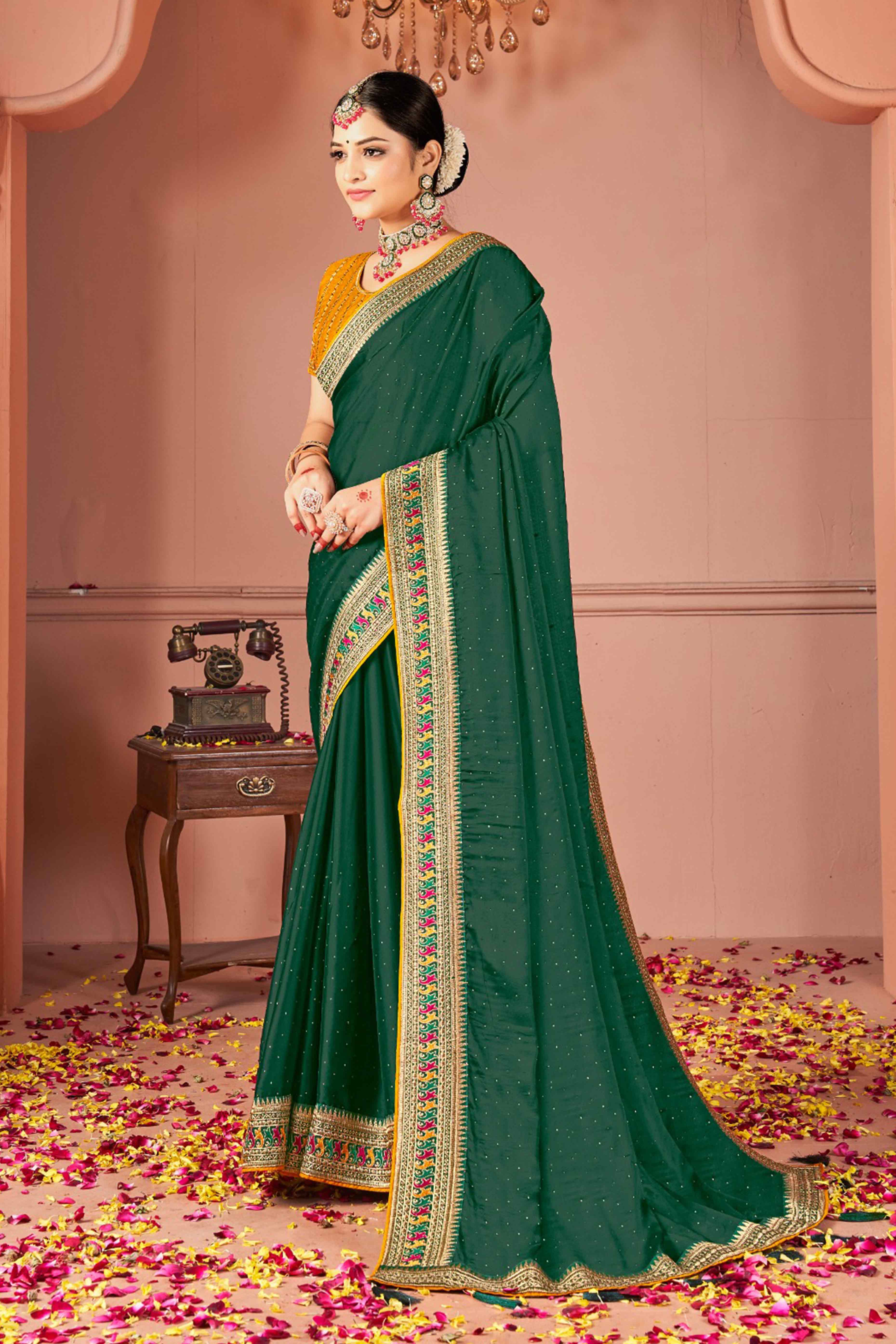 Green Swarovski Work Satin Rangoli Saree With Embroidered Border