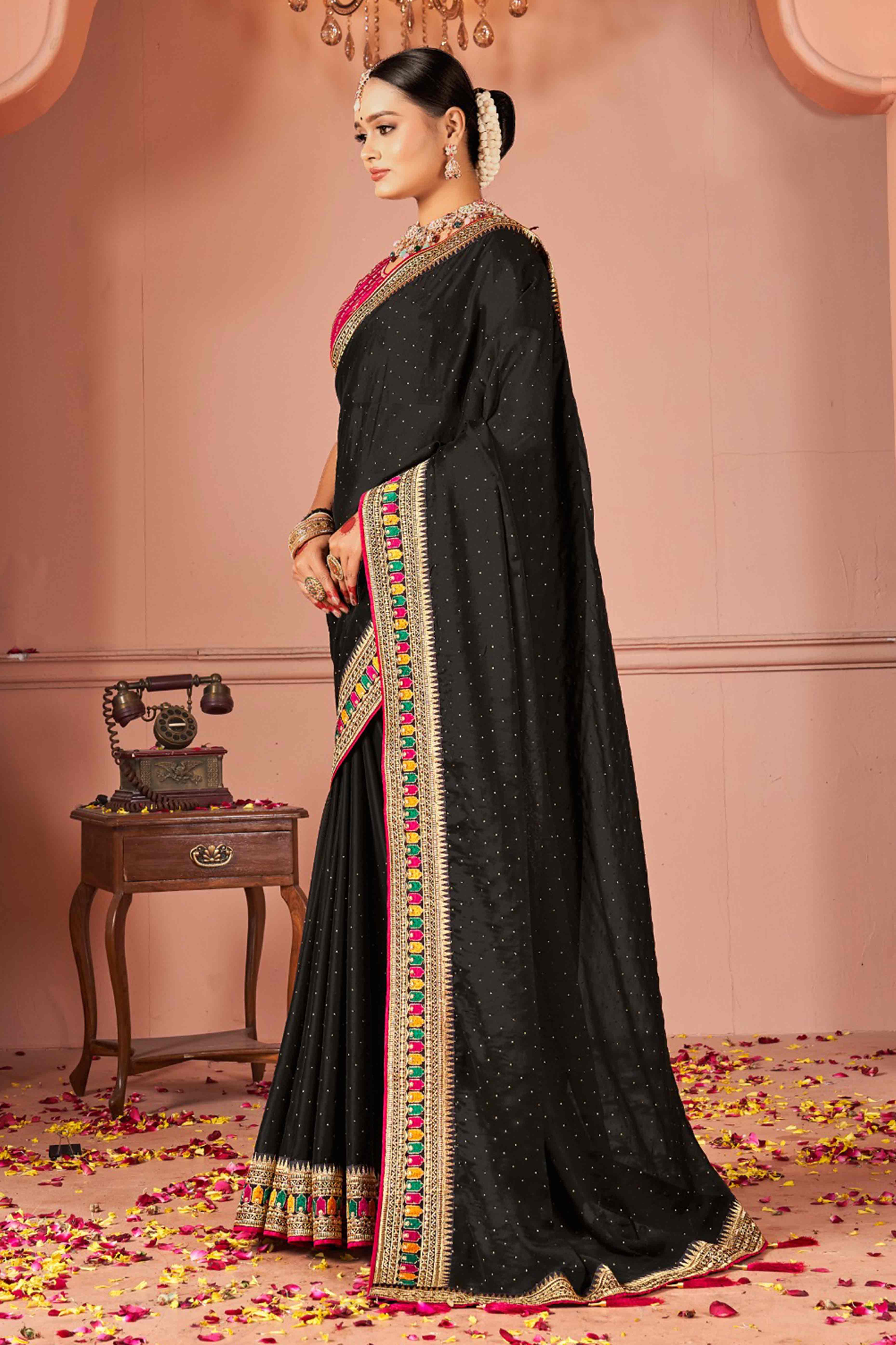 Black Swarovski Work Satin Rangoli Saree With Embroidered Border