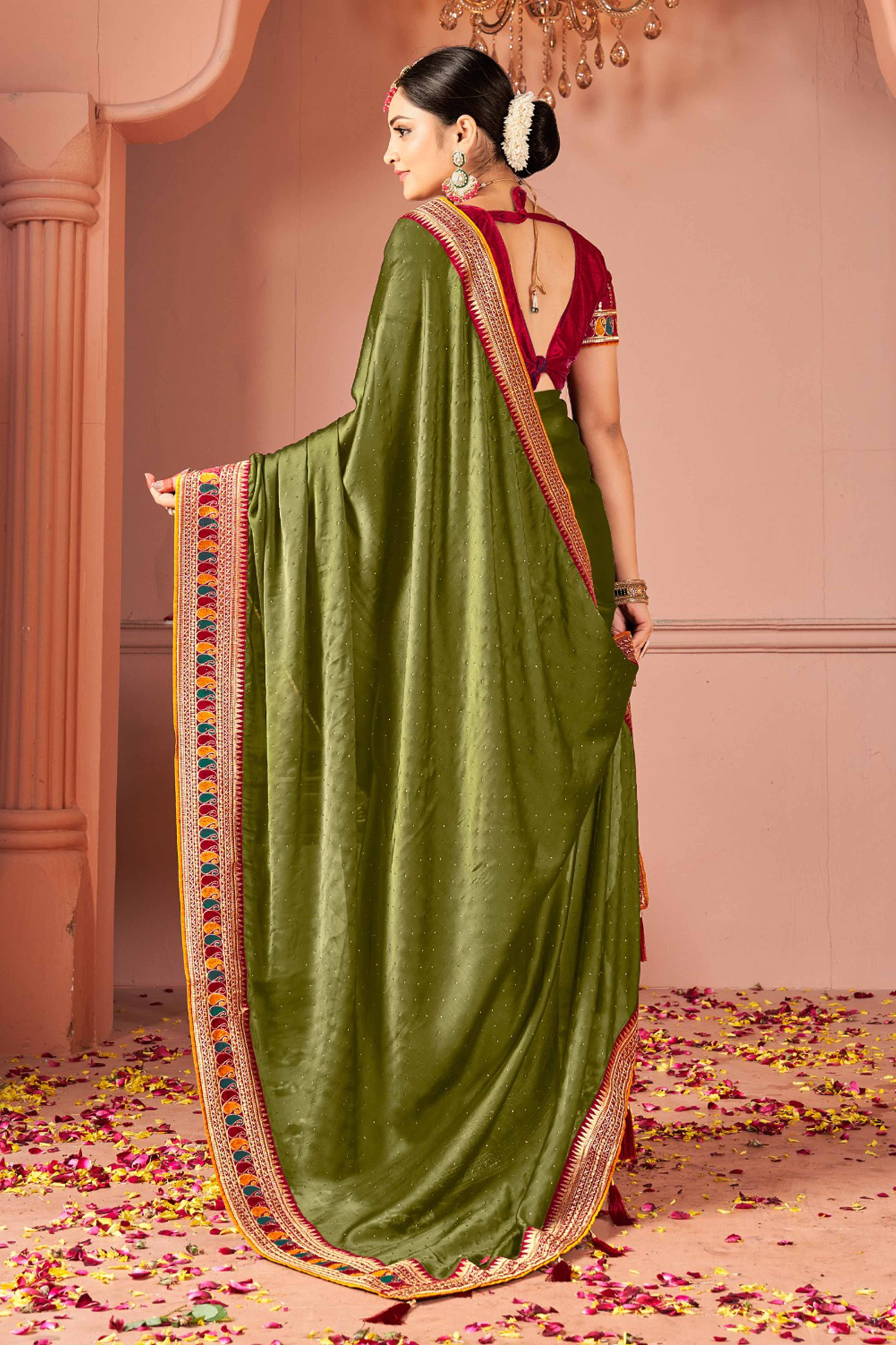 Olive Swarovski Work Satin Rangoli Saree With Embroidered Border