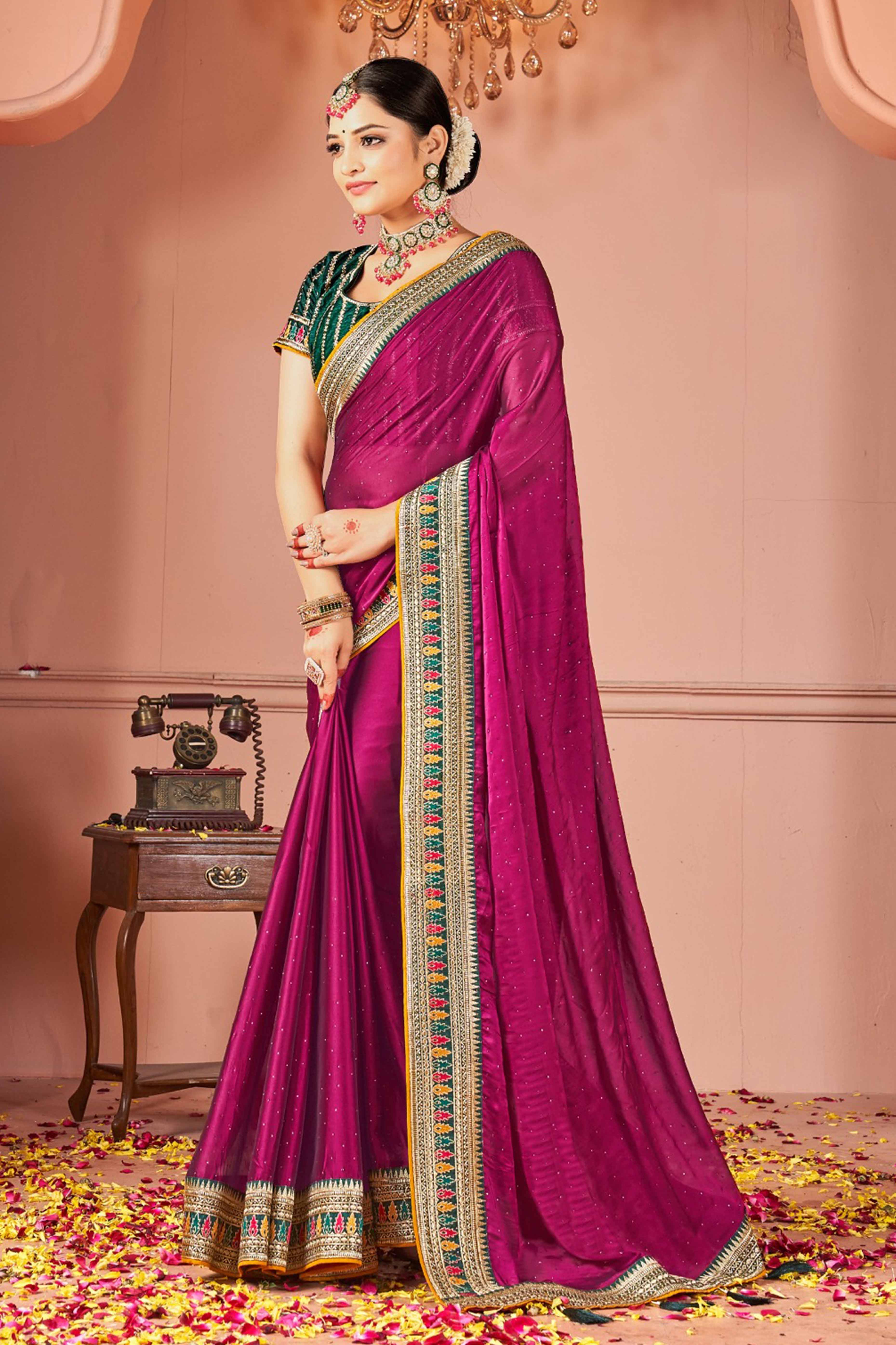 Magenta Swarovski Work Satin Rangoli Saree With Embroidered Border