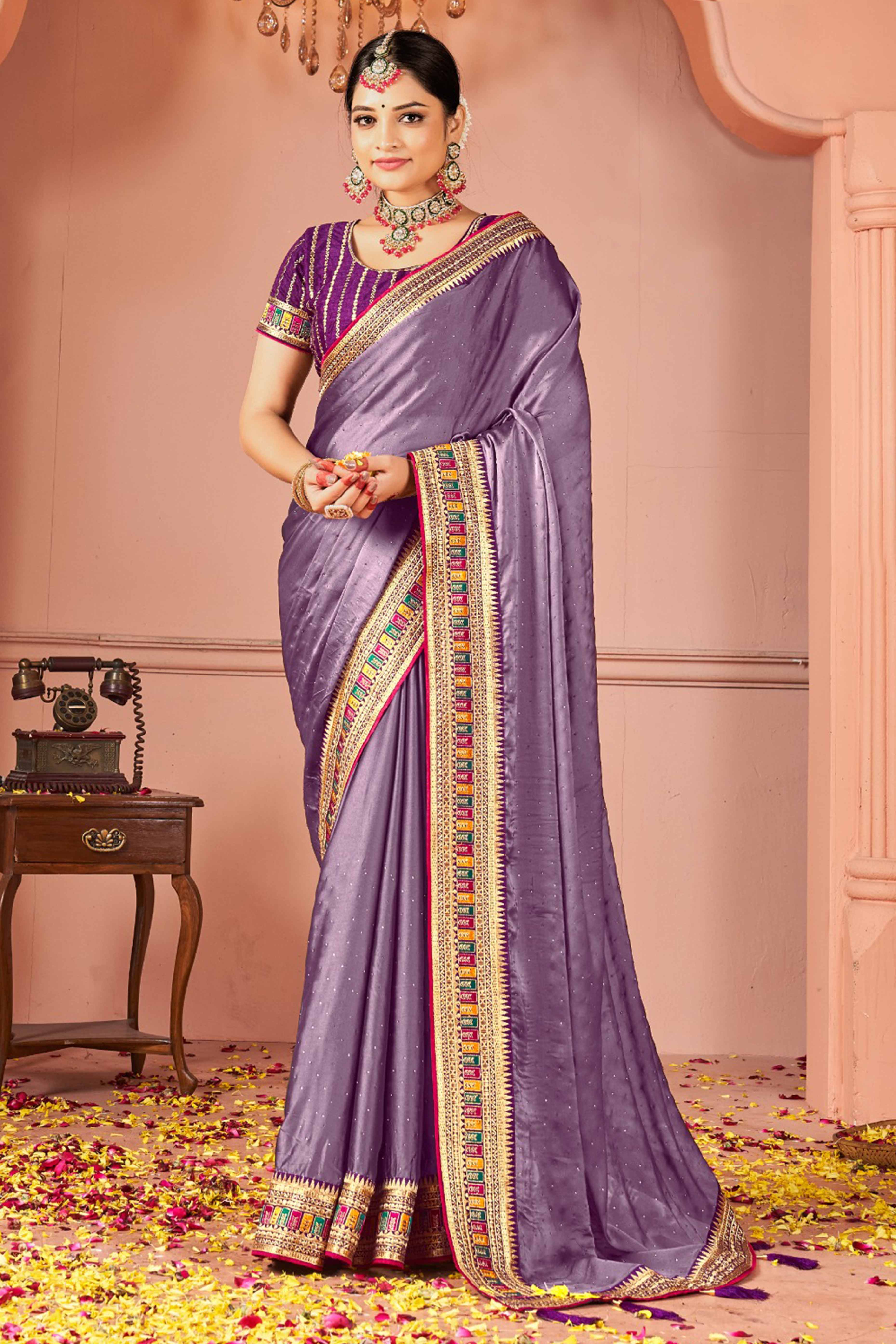 Lavender Swarovski Work Satin Rangoli Saree With Embroidered Border