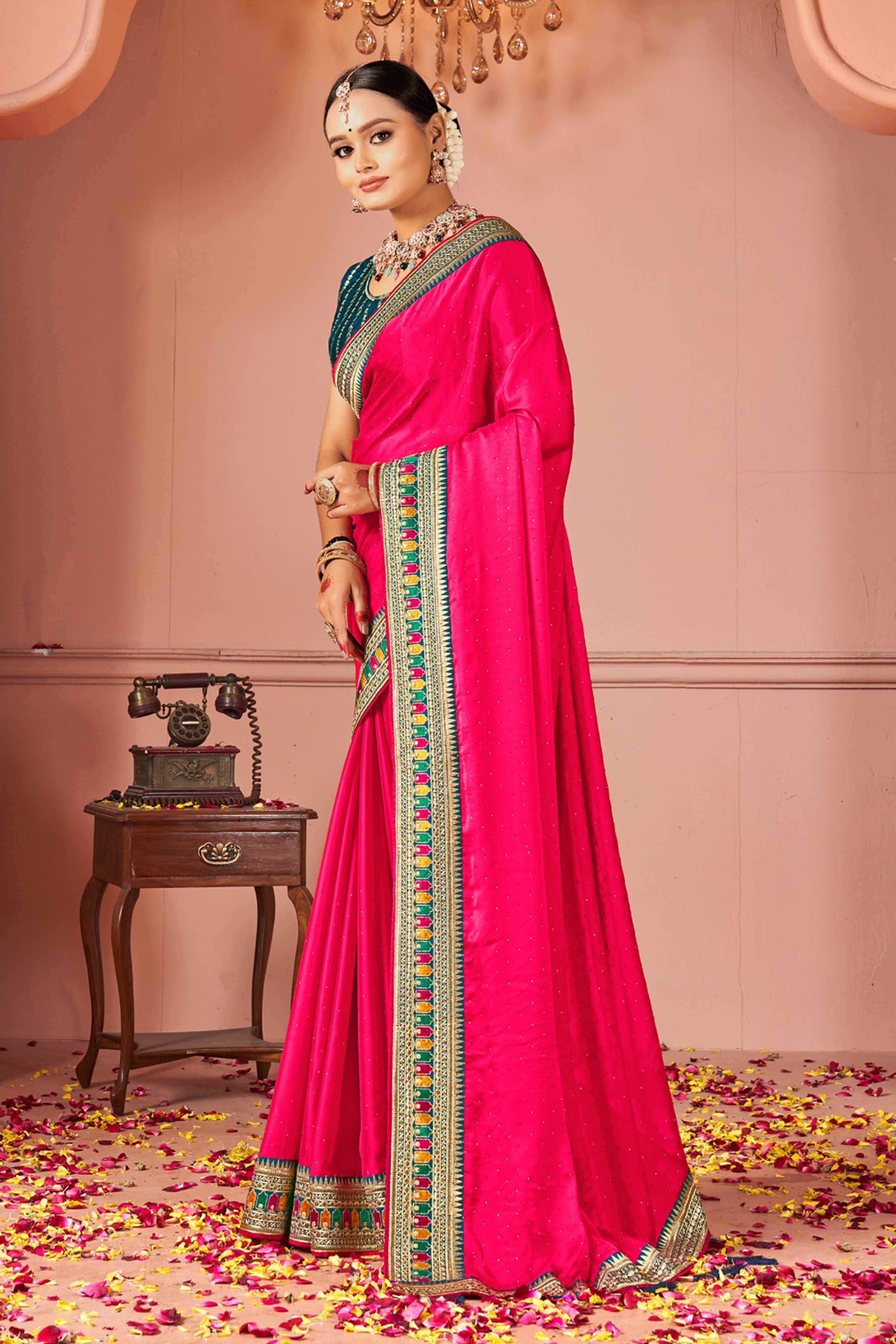 Pink Swarovski Work Satin Rangoli Saree With Embroidered Border