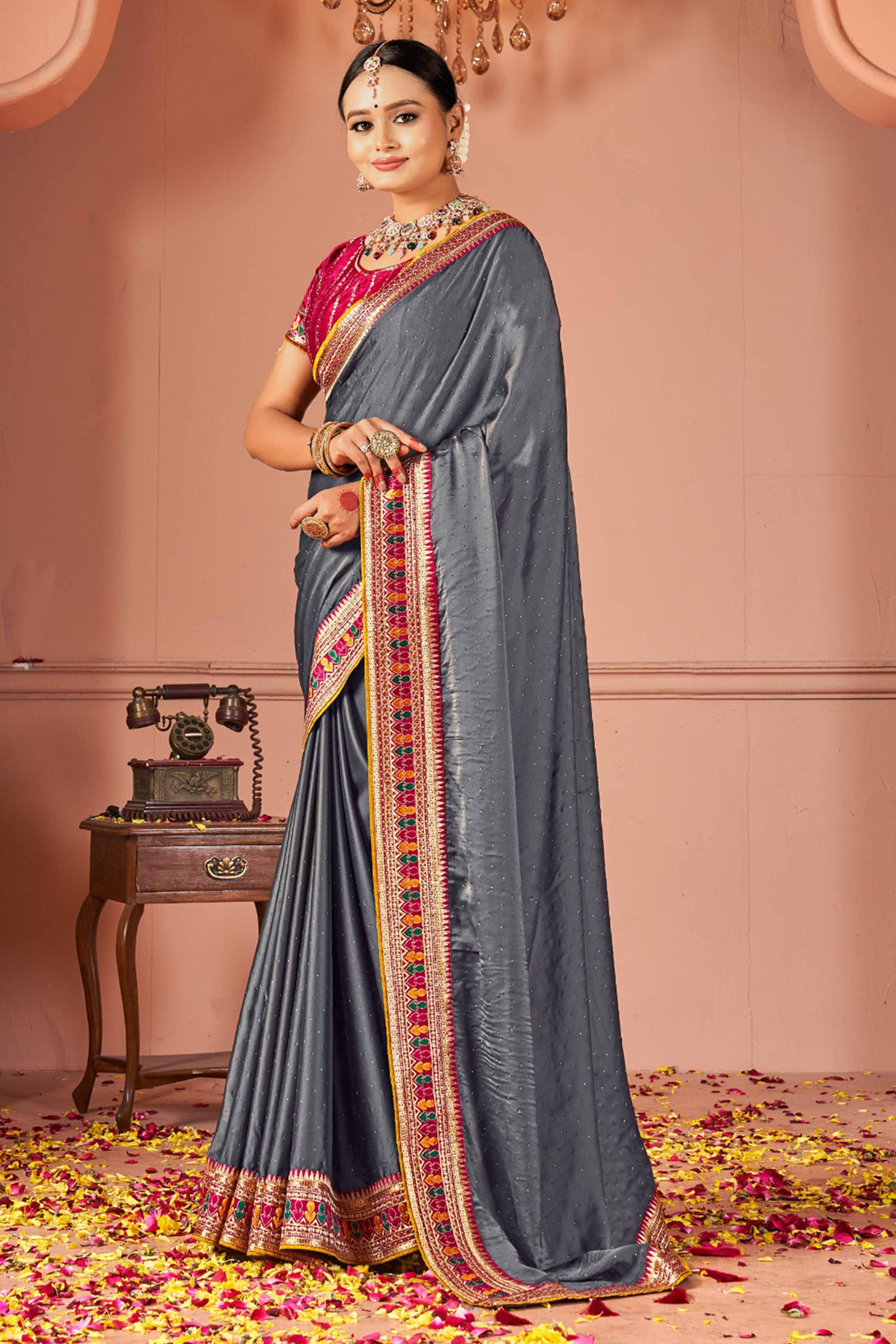 Grey Swarovski Work Satin Rangoli Saree With Embroidered Border