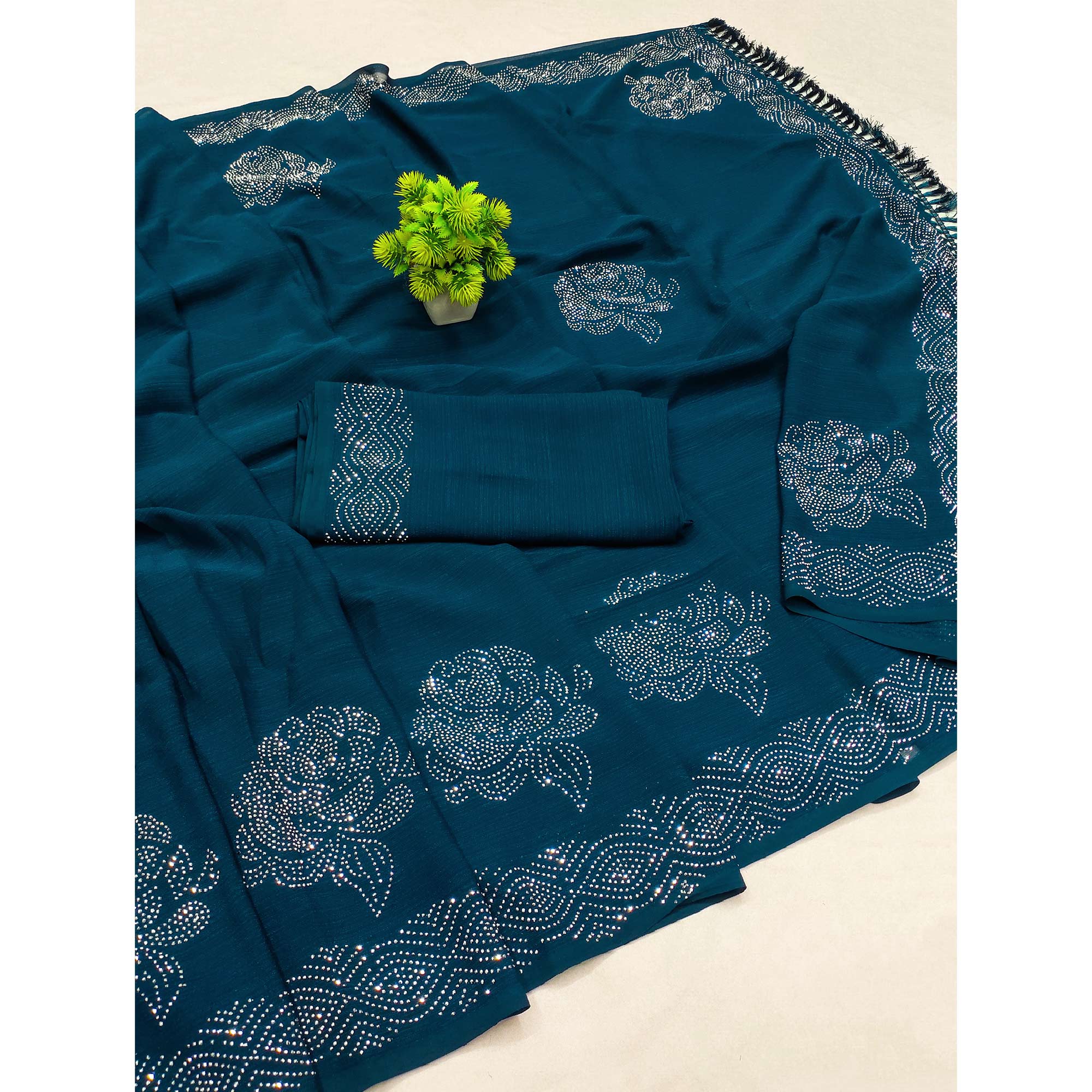 Teal Swarovski Work Georgette Saree With Tassels