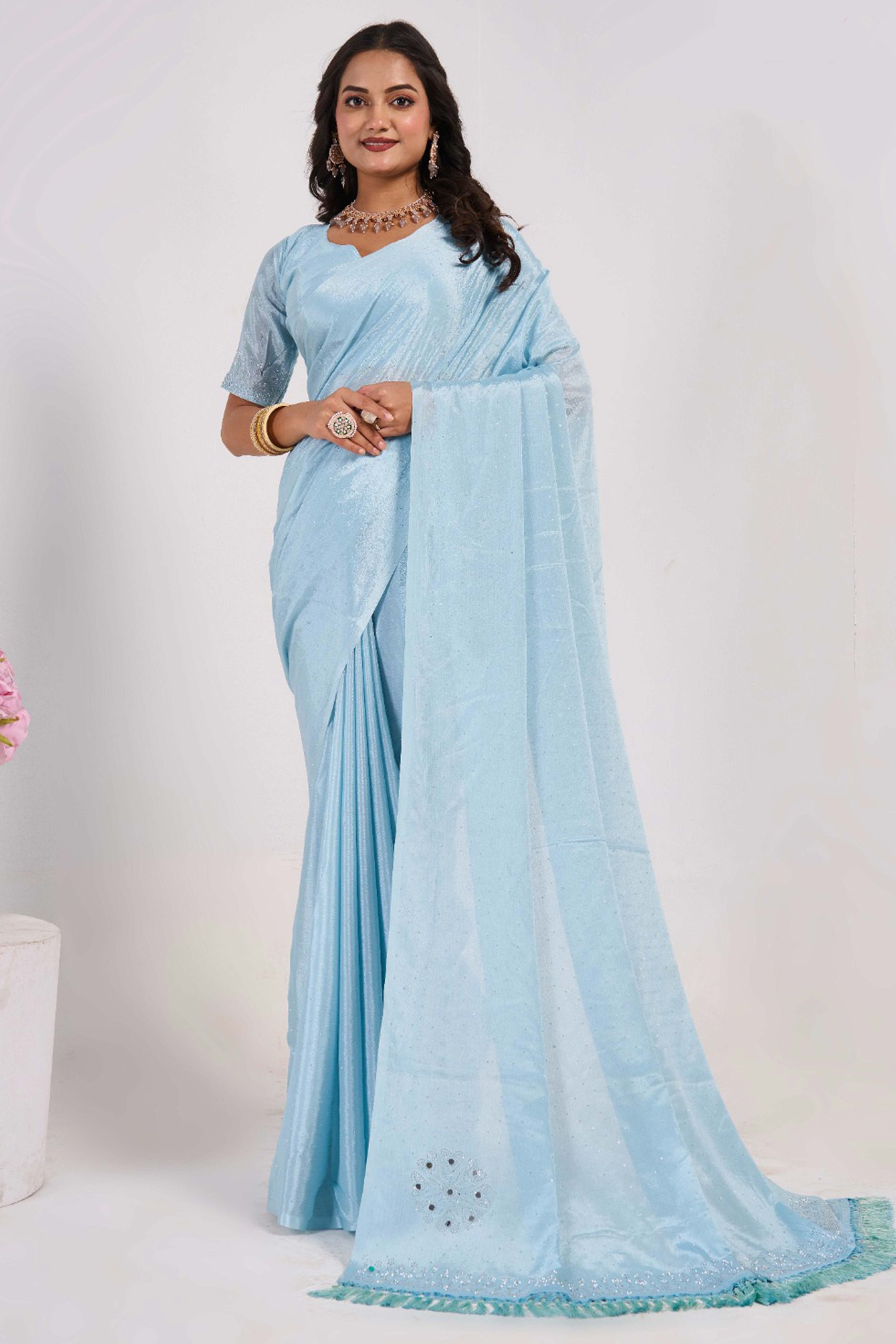 Blue Swarovski With Mirror Work Chinon Saree