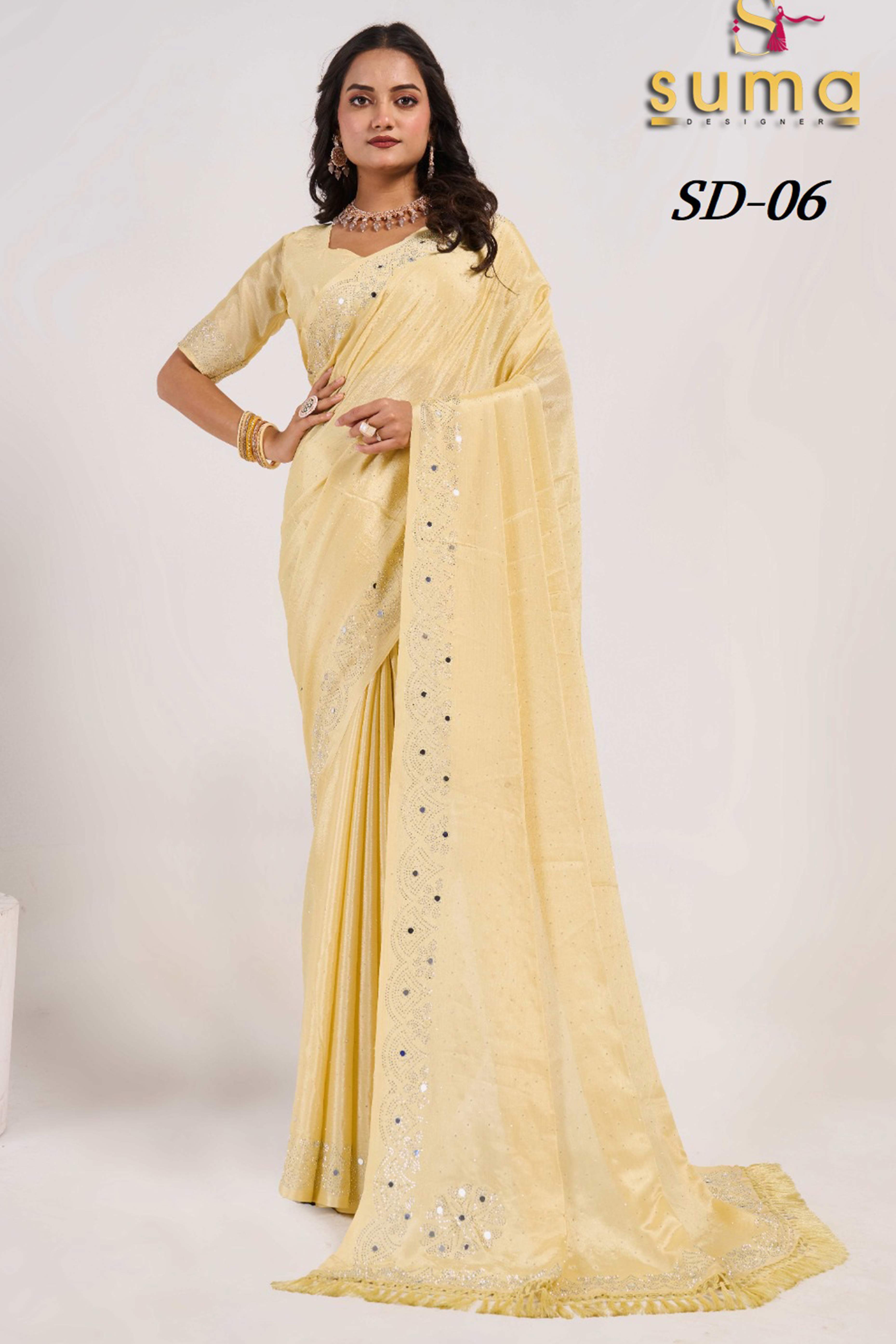 Light Yellow Swarovski With Mirror Work Chinon Saree