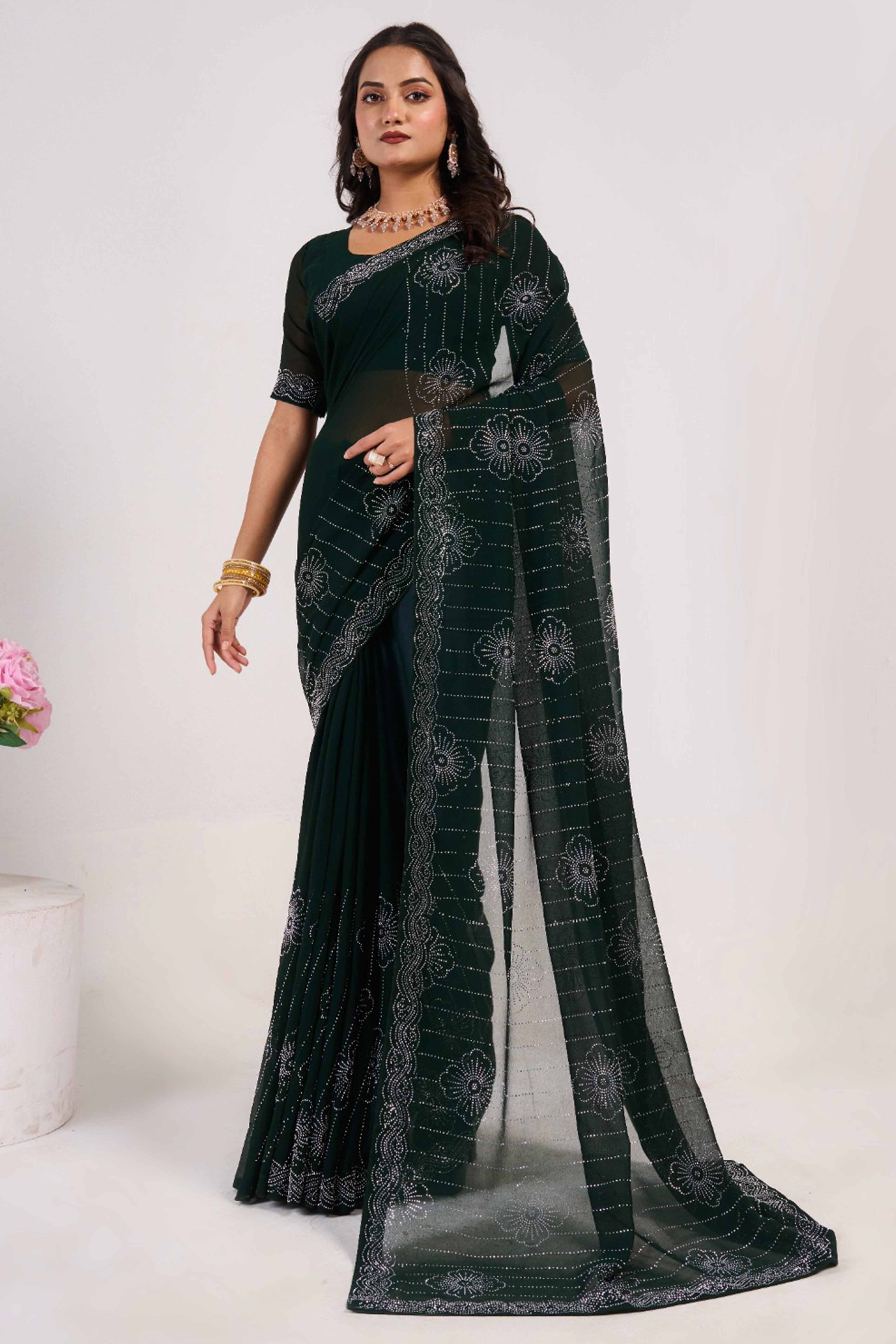 Dark Green Swarovski Work Georgette Saree