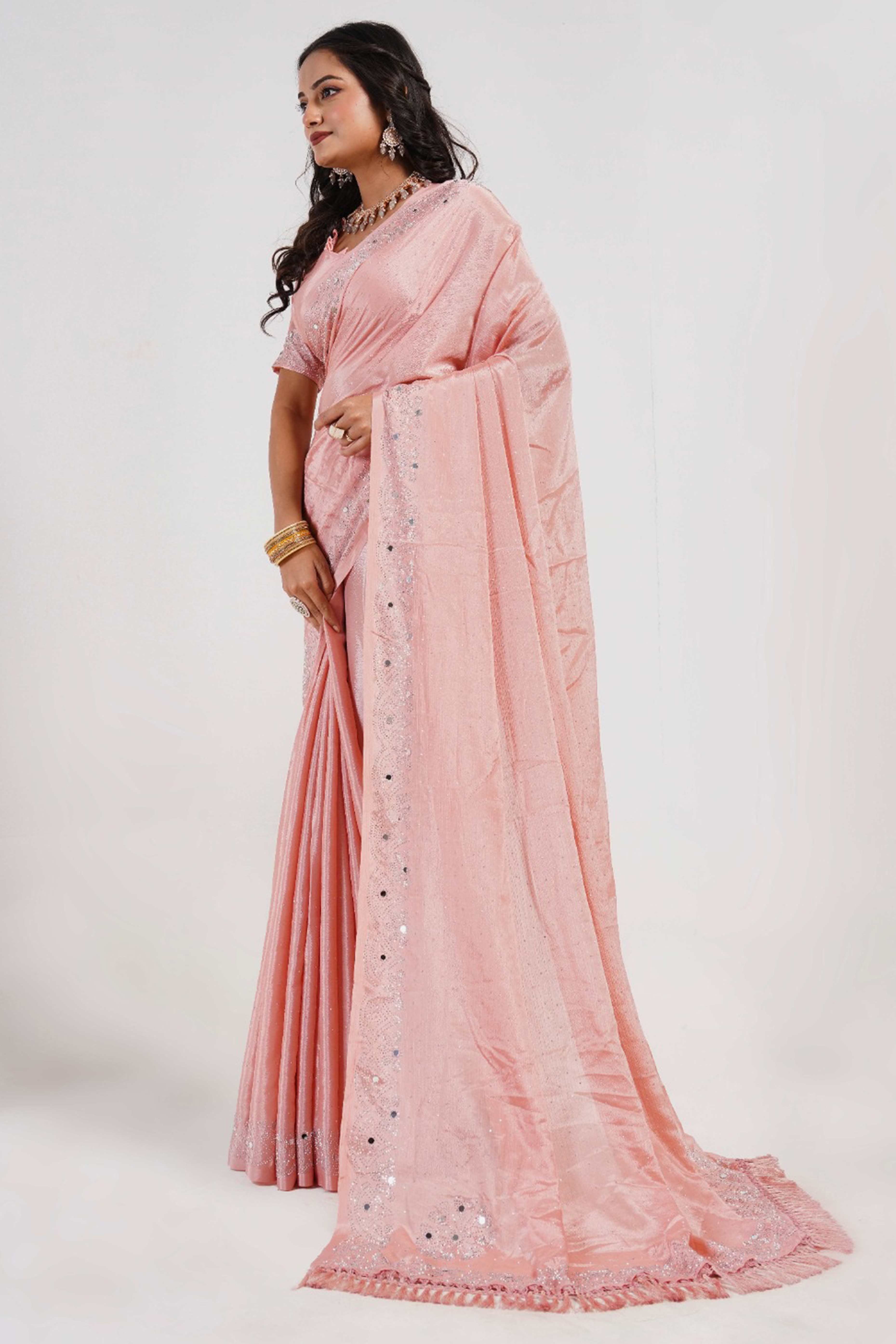 Peach Swarovski With Mirror Work Chinon Saree