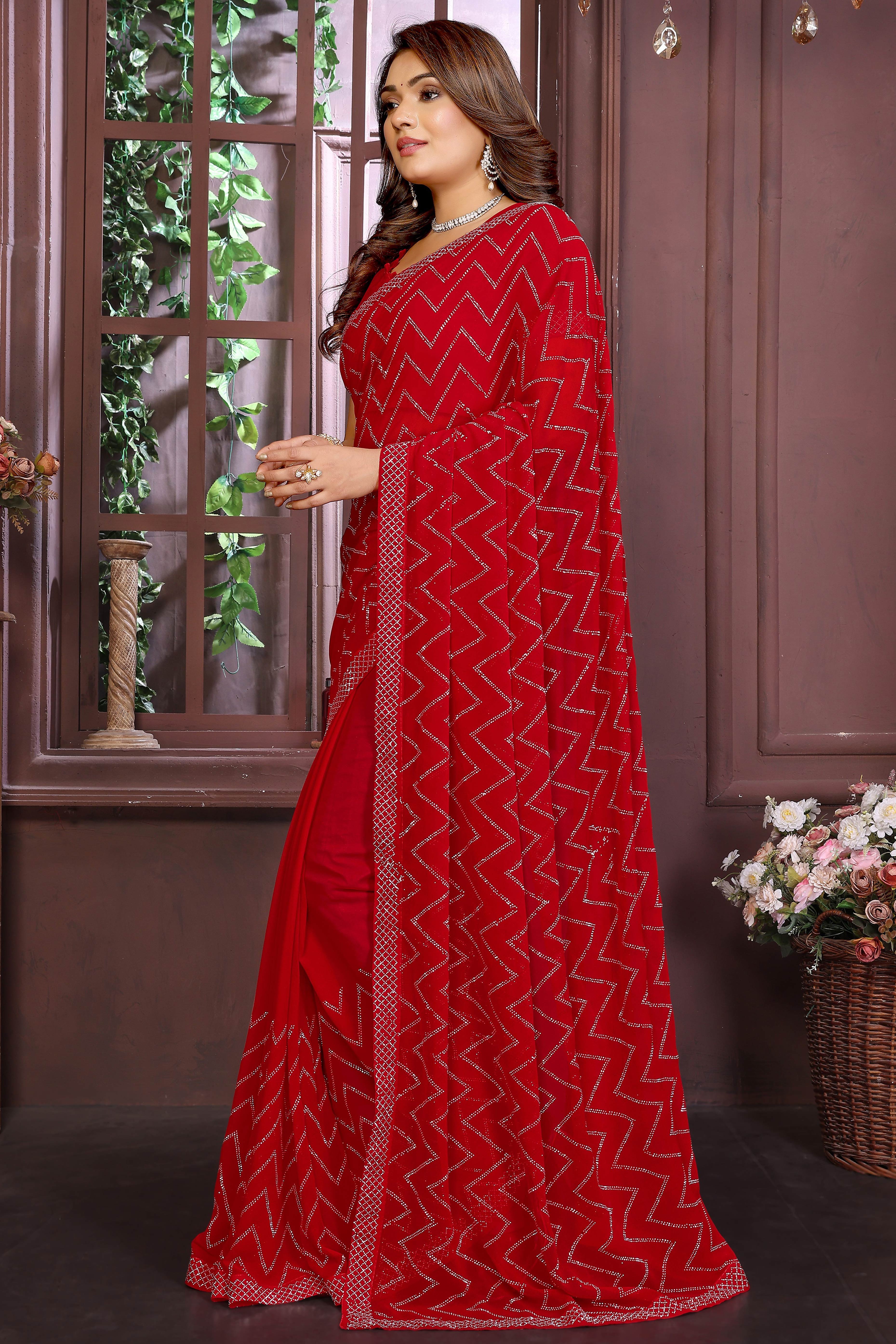 Glamorous Red Zig Zag Design Swarovski Crystal Work Georgette Saree